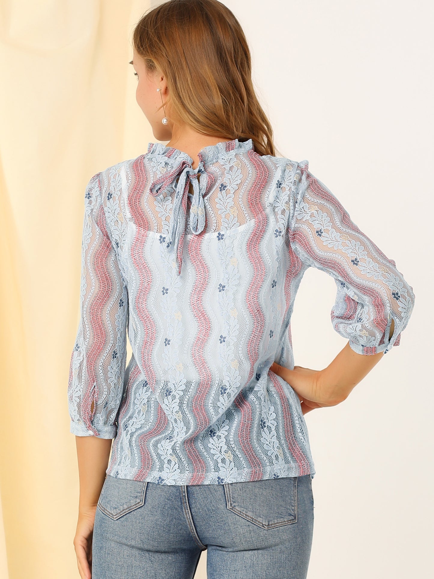 Women's 3/4 Sleeves Ruffle Mock Neck Sheer Lace Top