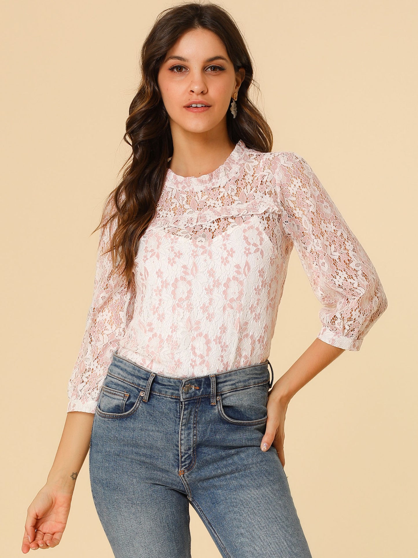 Women's 3/4 Sleeves Ruffle Mock Neck Sheer Lace Top