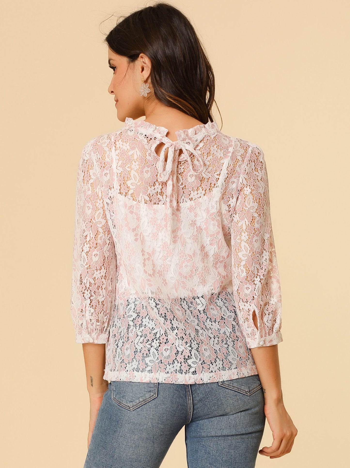 Women's 3/4 Sleeves Ruffle Mock Neck Sheer Lace Top