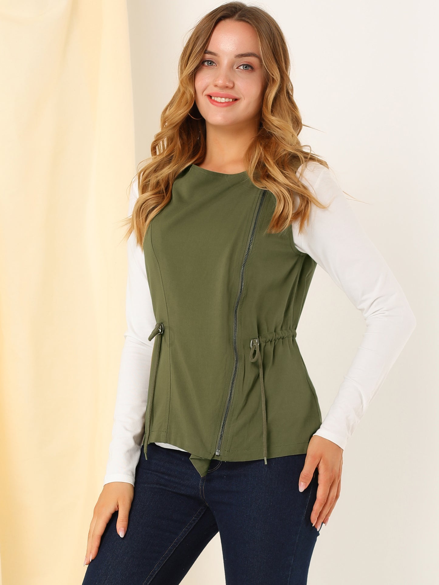Women's Sleeveless Vest Drawstring Waist Lightweight Zip Up Jacket