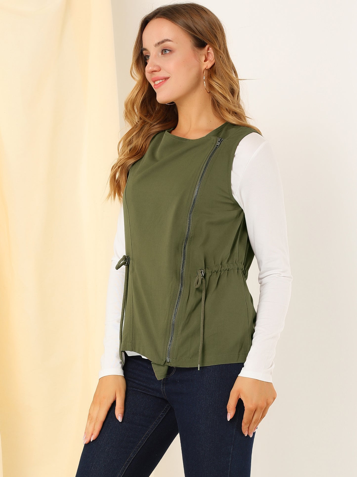Women's Sleeveless Vest Drawstring Waist Lightweight Zip Up Jacket