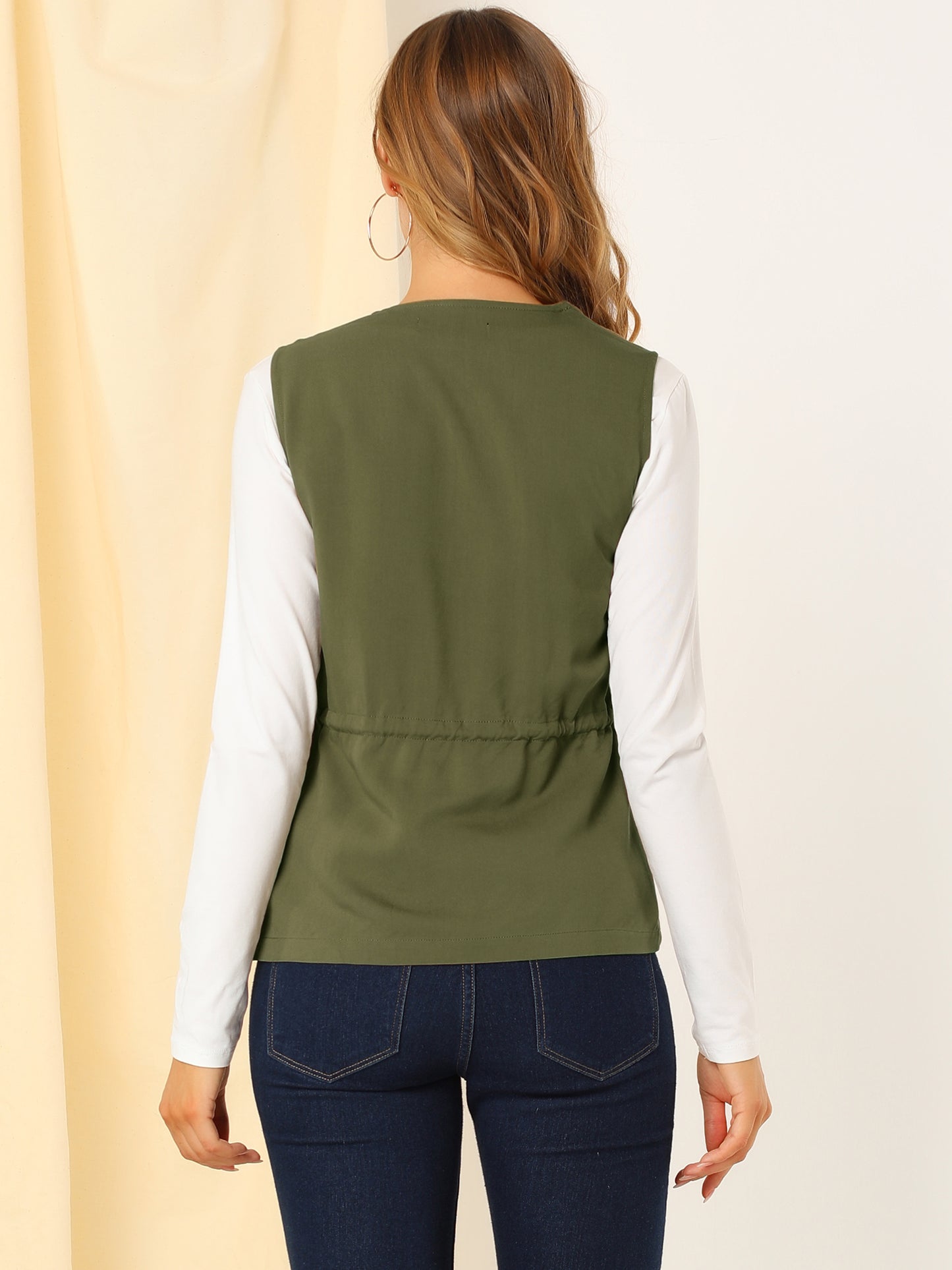 Women's Sleeveless Vest Drawstring Waist Lightweight Zip Up Jacket