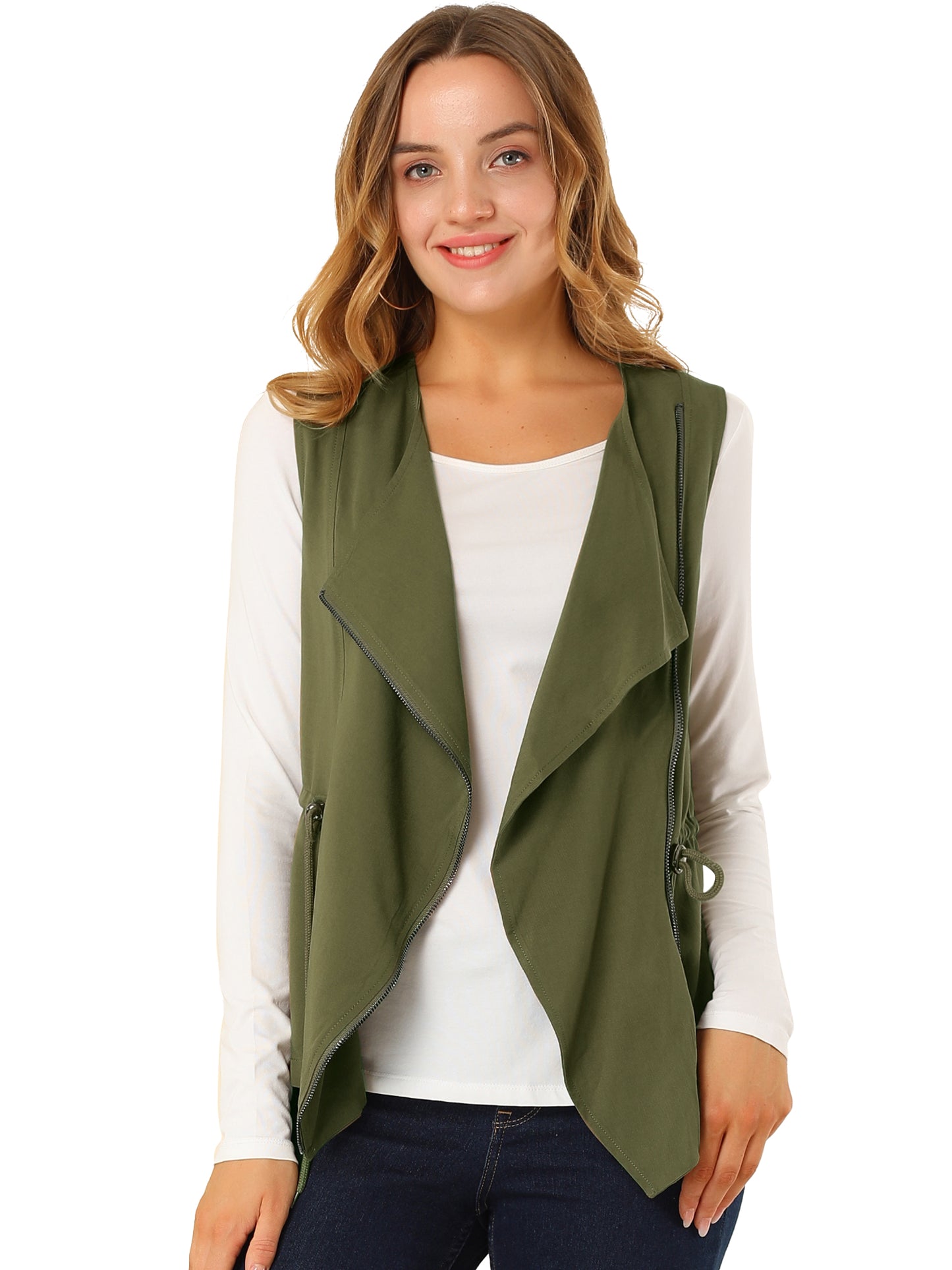 Women's Sleeveless Vest Drawstring Waist Lightweight Zip Up Jacket