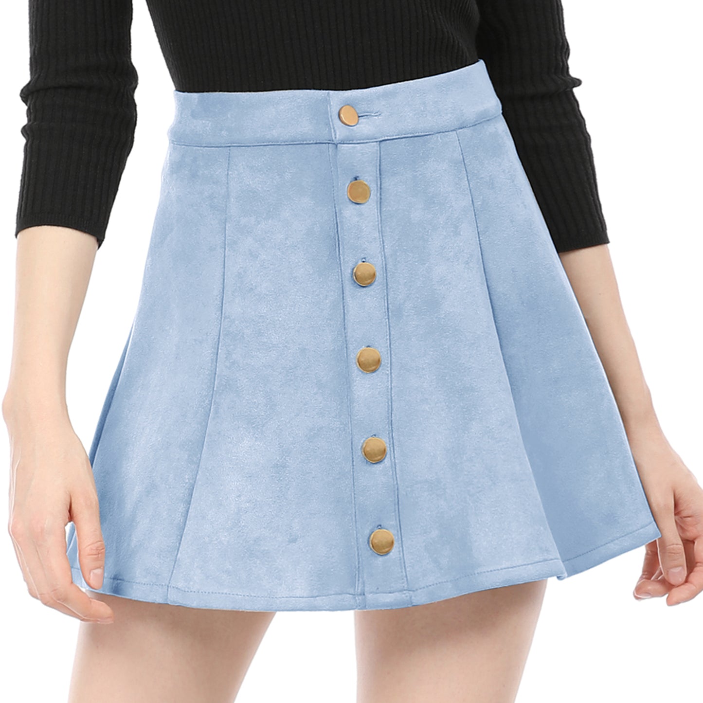 Women's Faux Suede Button A-Line High Waisted Flared Mini Short Skirt