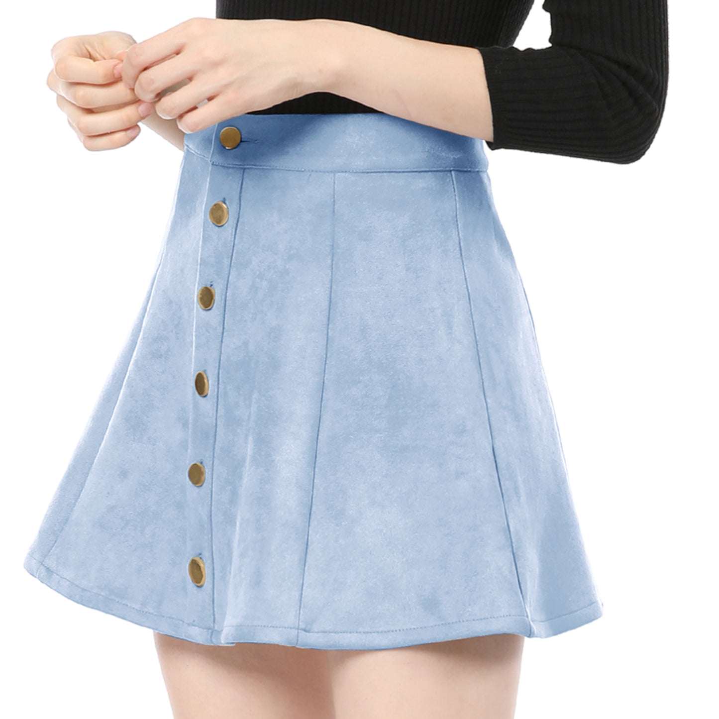 Women's Faux Suede Button A-Line High Waisted Flared Mini Short Skirt