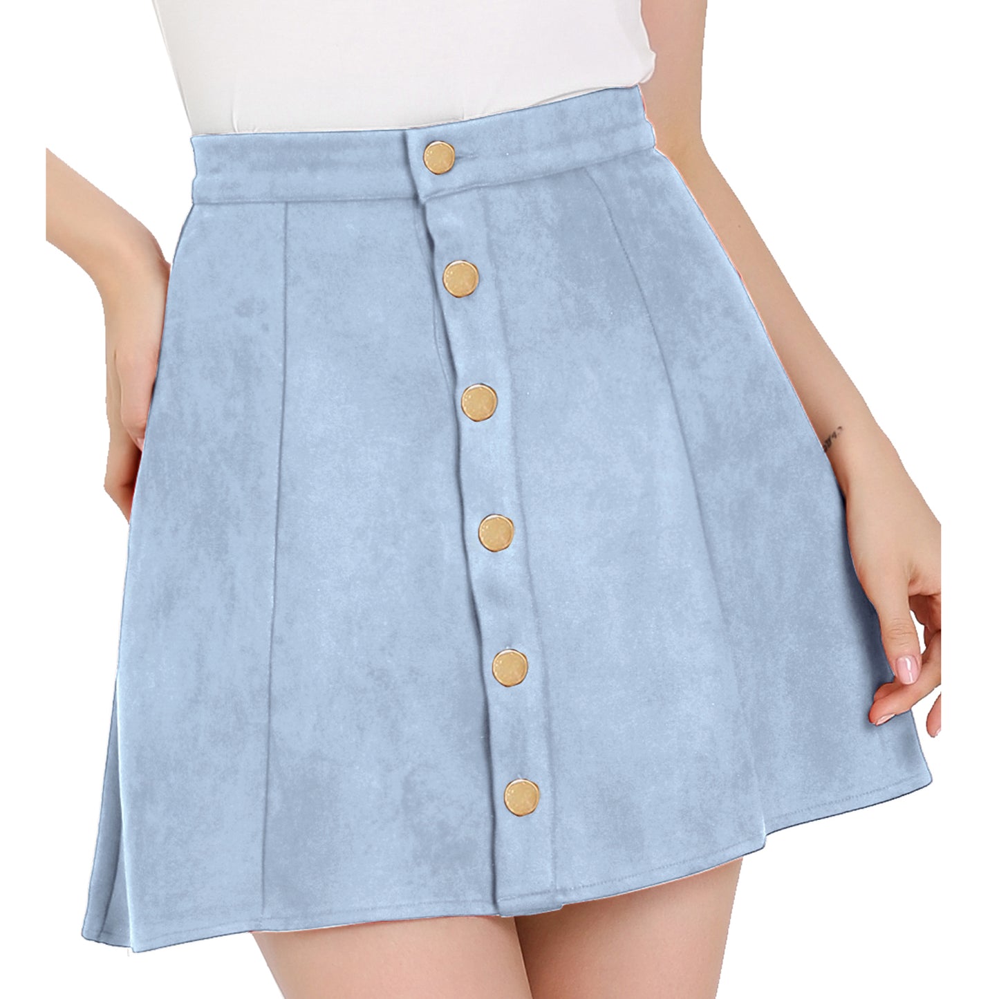 Women's Faux Suede Button A-Line High Waisted Flared Mini Short Skirt