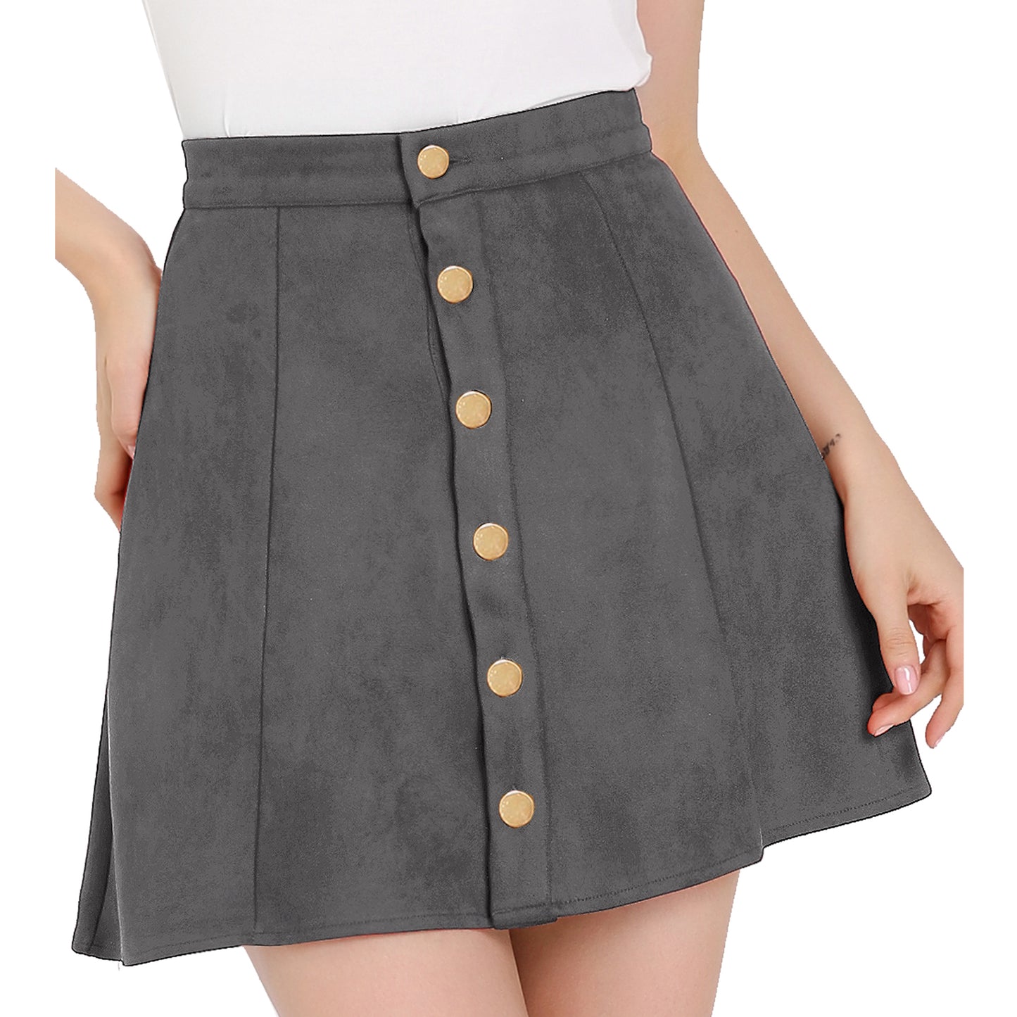 Women's Faux Suede Button A-Line High Waisted Flared Mini Short Skirt