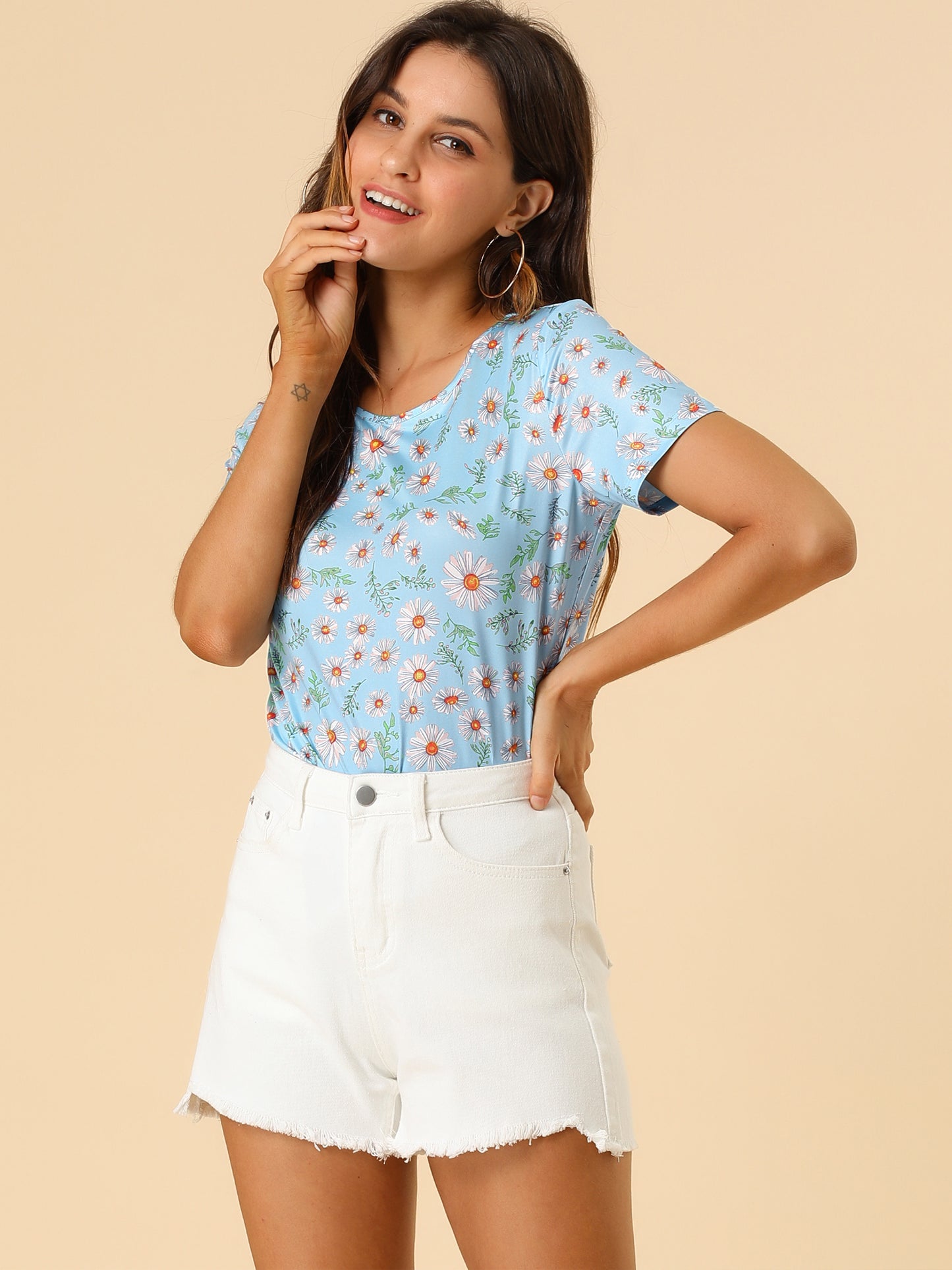 Women's Daisy Floral Top Crew Neck Short Sleeve Summer T-Shirt