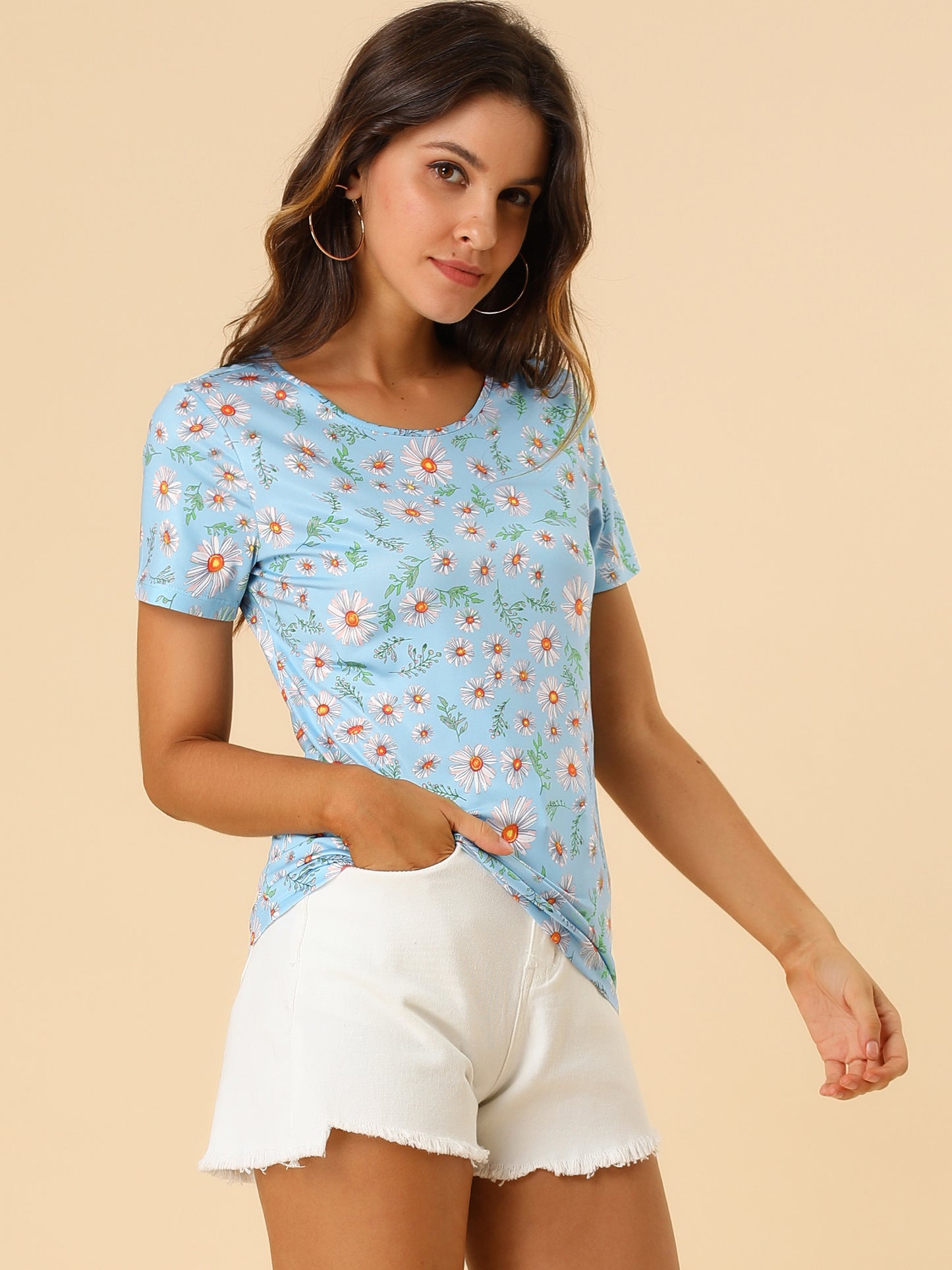 Women's Daisy Floral Top Crew Neck Short Sleeve Summer T-Shirt