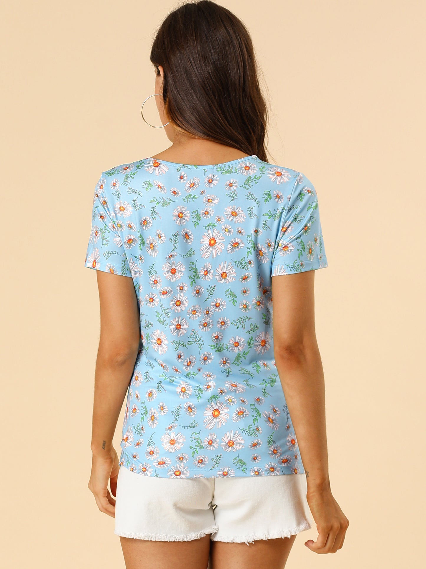 Women's Daisy Floral Top Crew Neck Short Sleeve Summer T-Shirt