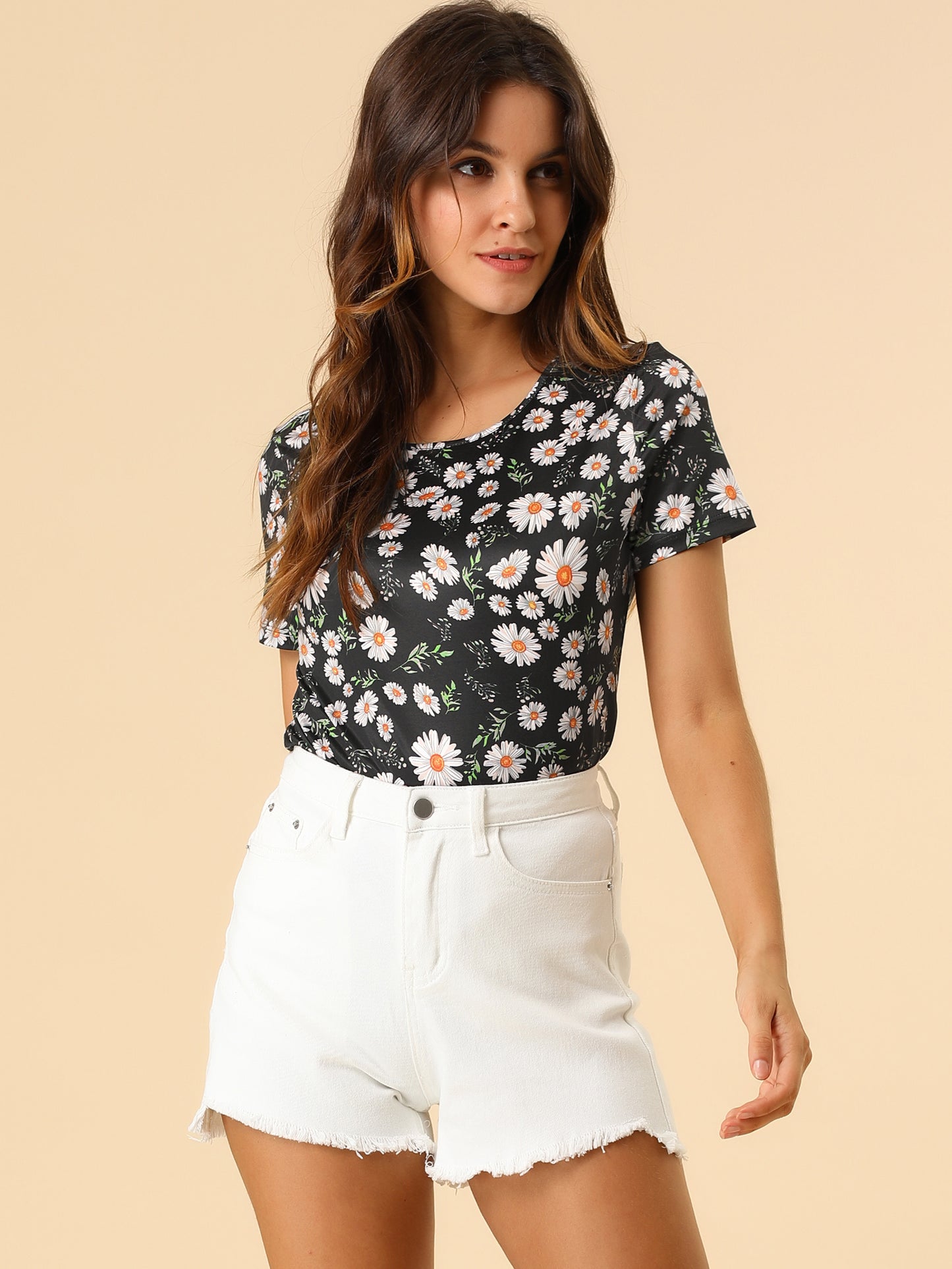Women's Daisy Floral Top Crew Neck Short Sleeve Summer T-Shirt