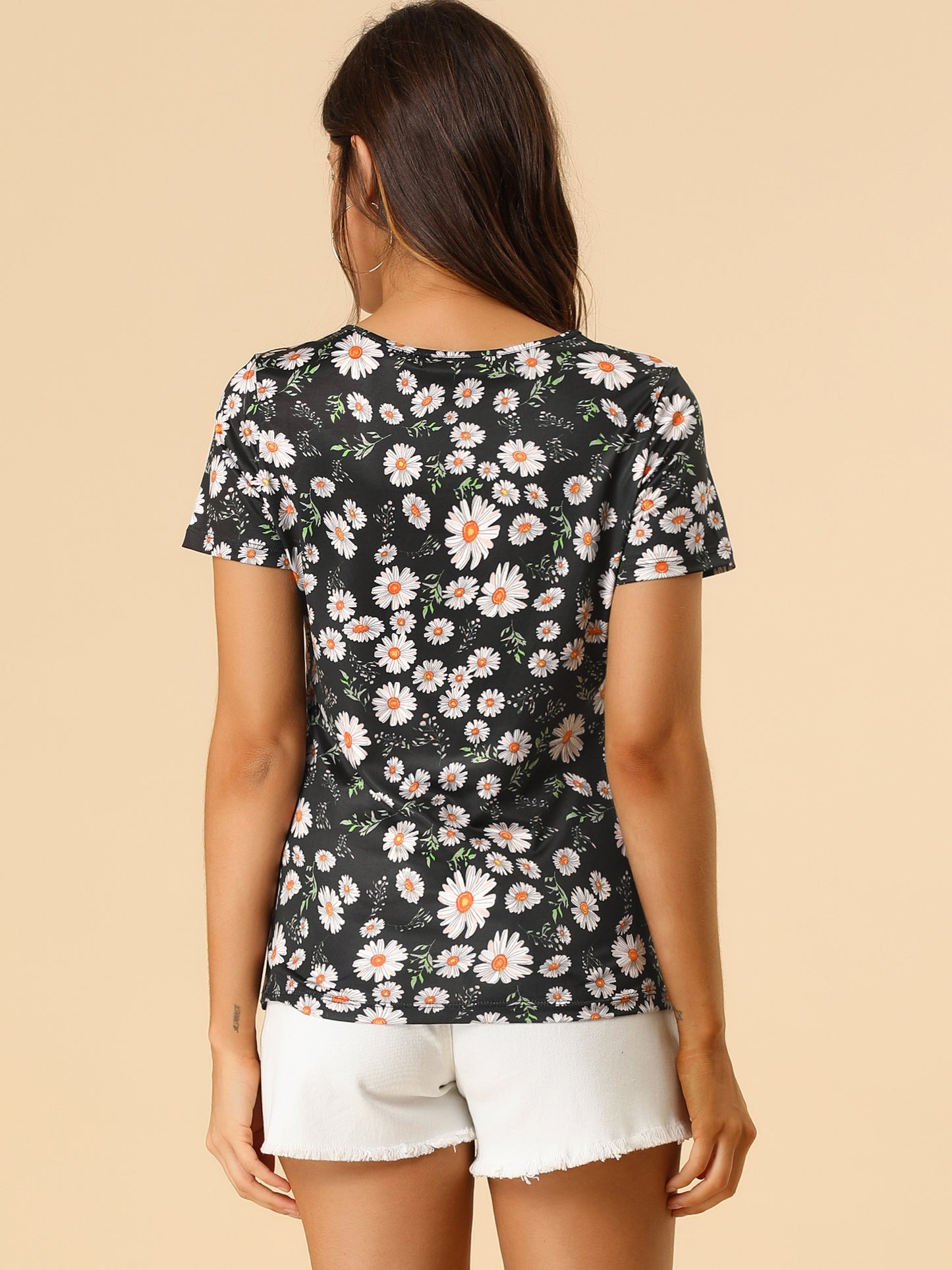 Women's Daisy Floral Top Crew Neck Short Sleeve Summer T-Shirt