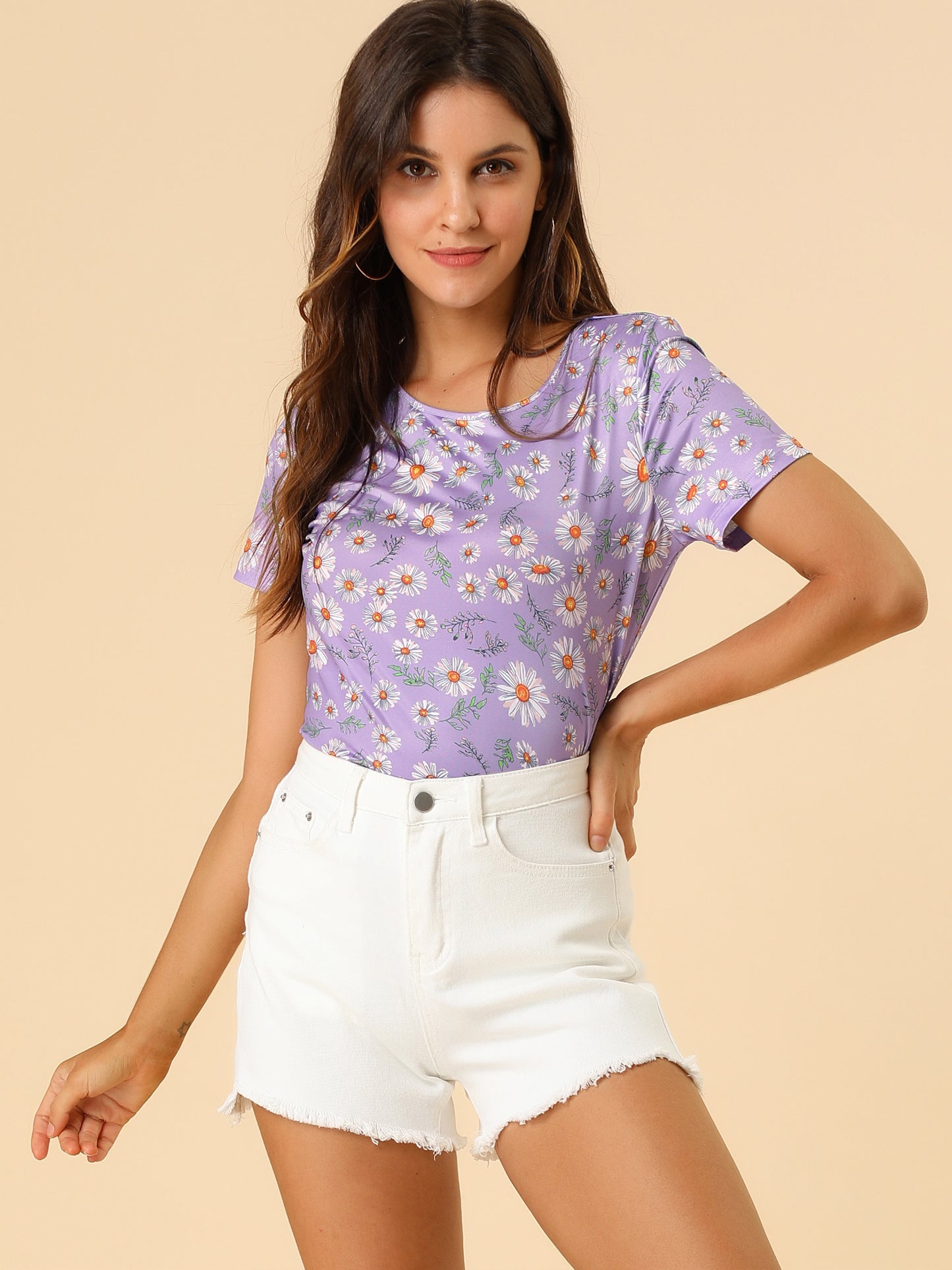 Women's Daisy Floral Top Crew Neck Short Sleeve Summer T-Shirt