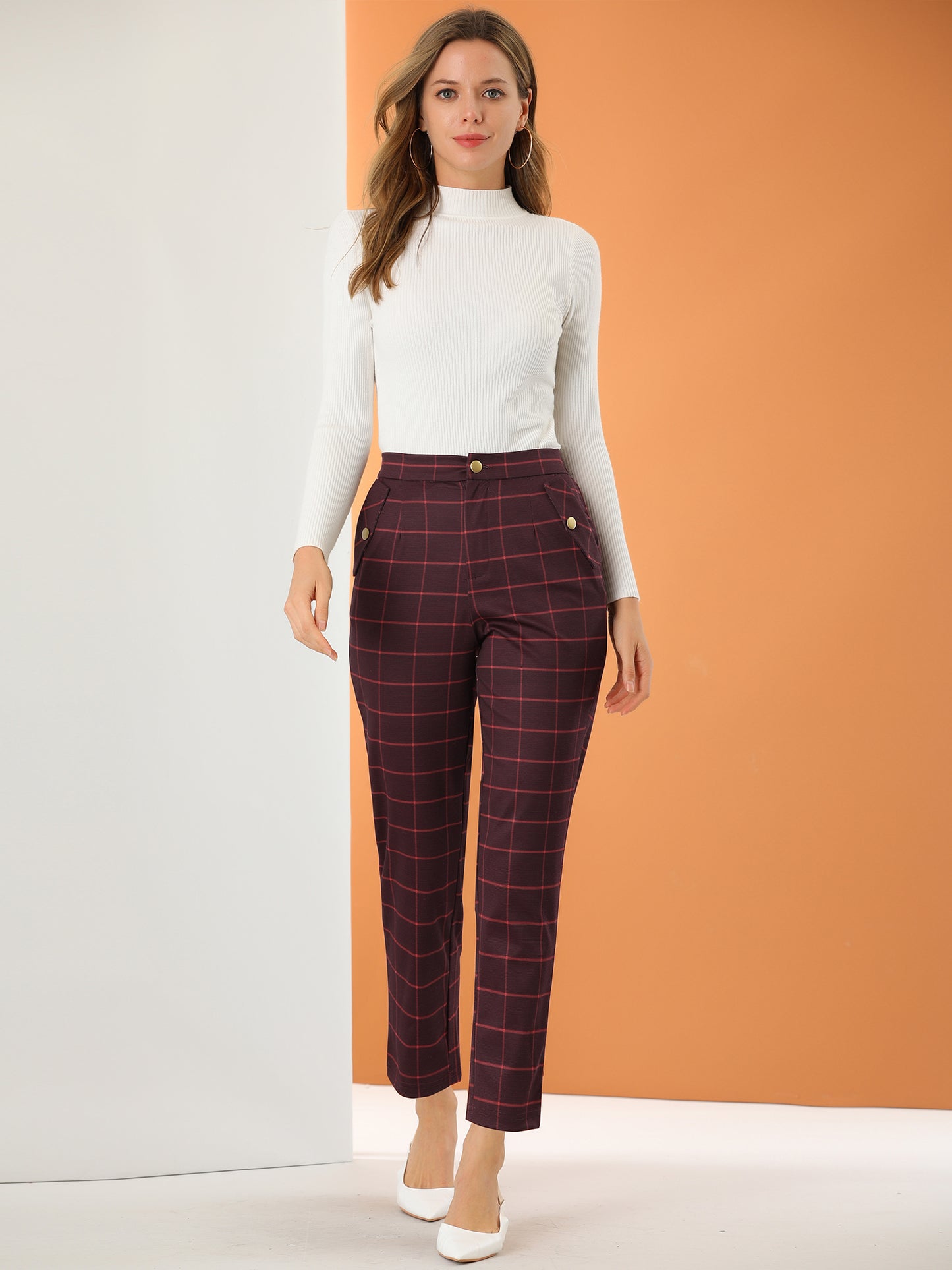 Women's Retro Tartan Plaid Pants Elastic Waist Straight Long Trousers (Available in Plus Size)