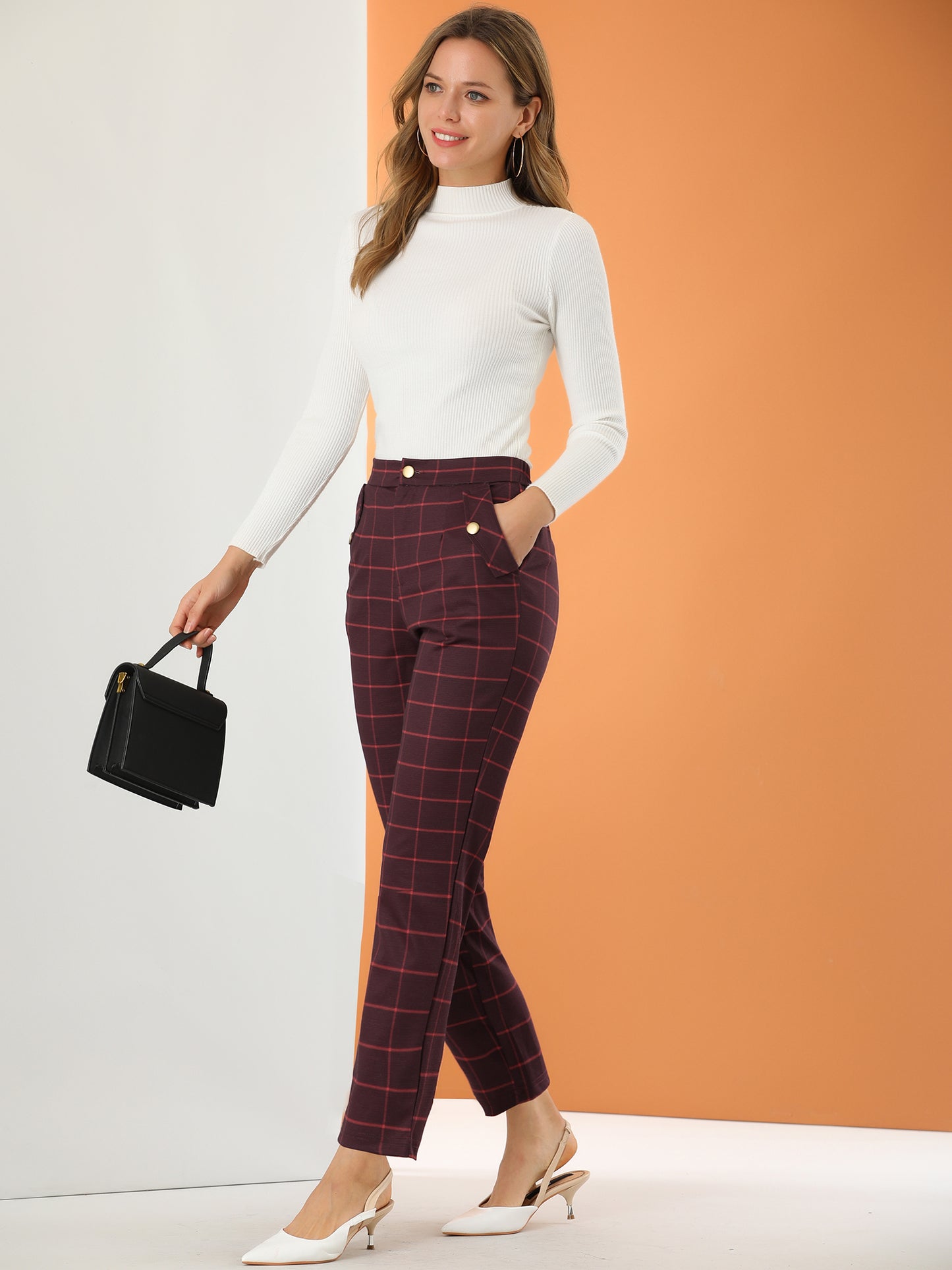 Women's Retro Tartan Plaid Pants Elastic Waist Straight Long Trousers (Available in Plus Size)