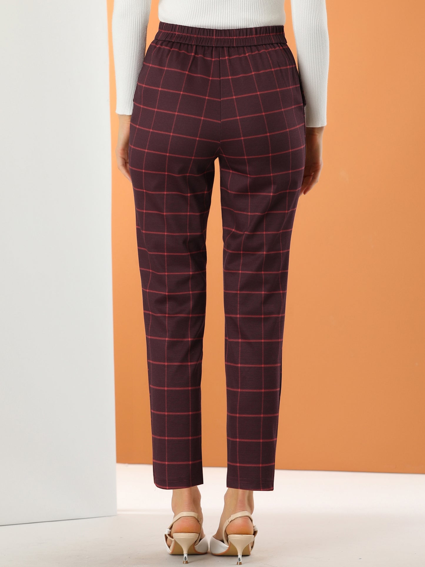 Women's Retro Tartan Plaid Pants Elastic Waist Straight Long Trousers (Available in Plus Size)