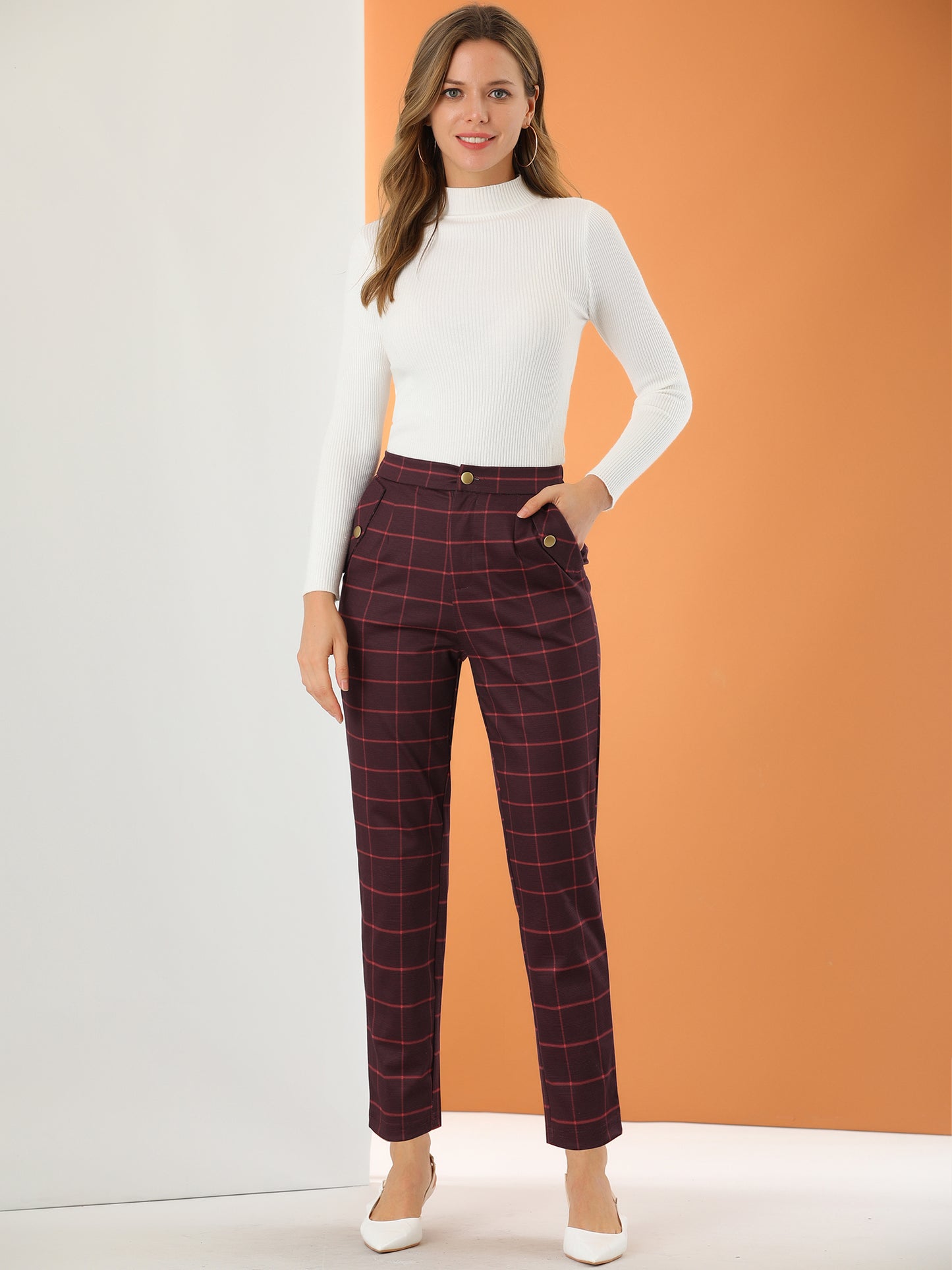 Women's Retro Tartan Plaid Pants Elastic Waist Straight Long Trousers (Available in Plus Size)