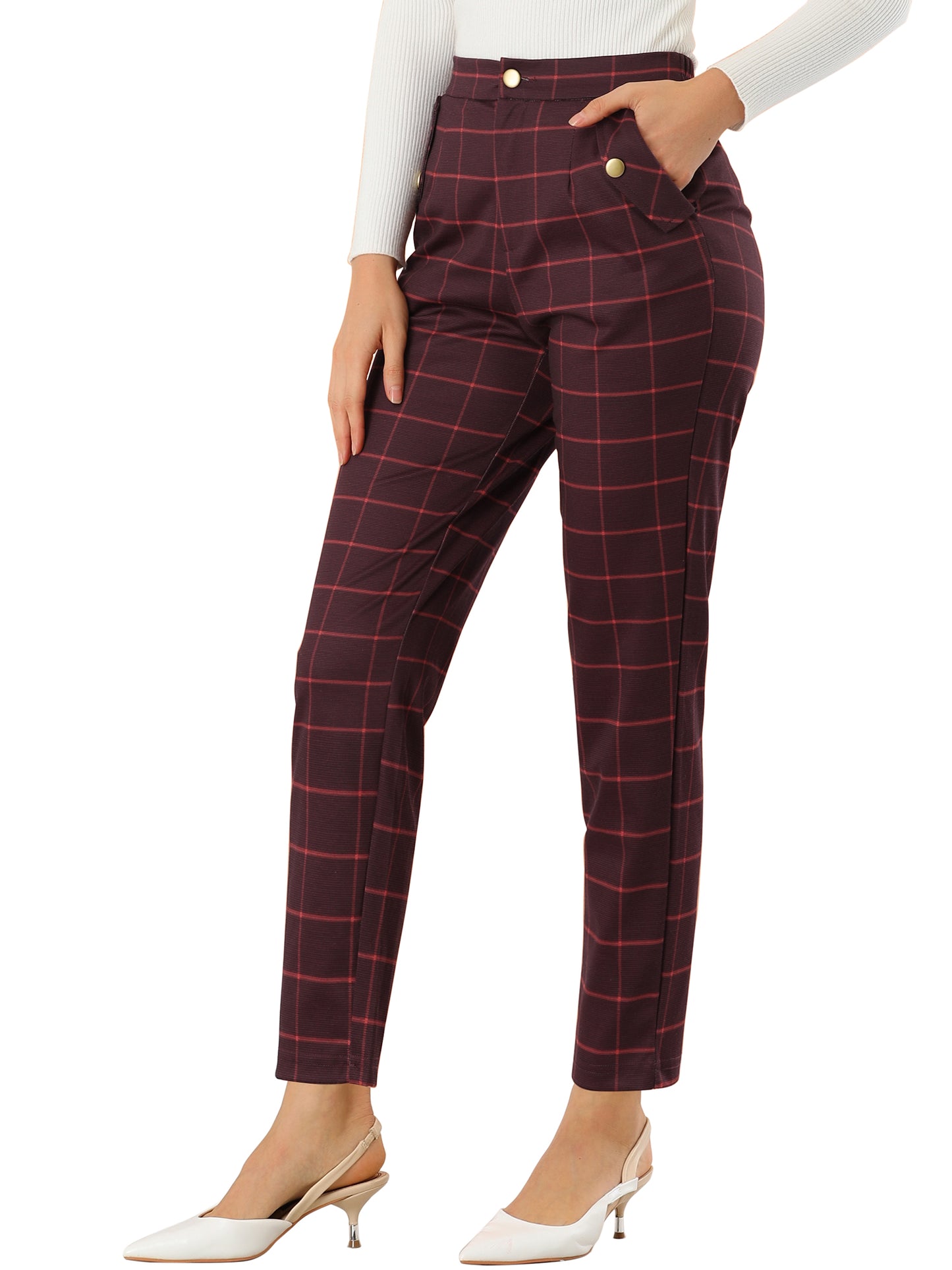 Women's Retro Tartan Plaid Pants Elastic Waist Straight Long Trousers (Available in Plus Size)