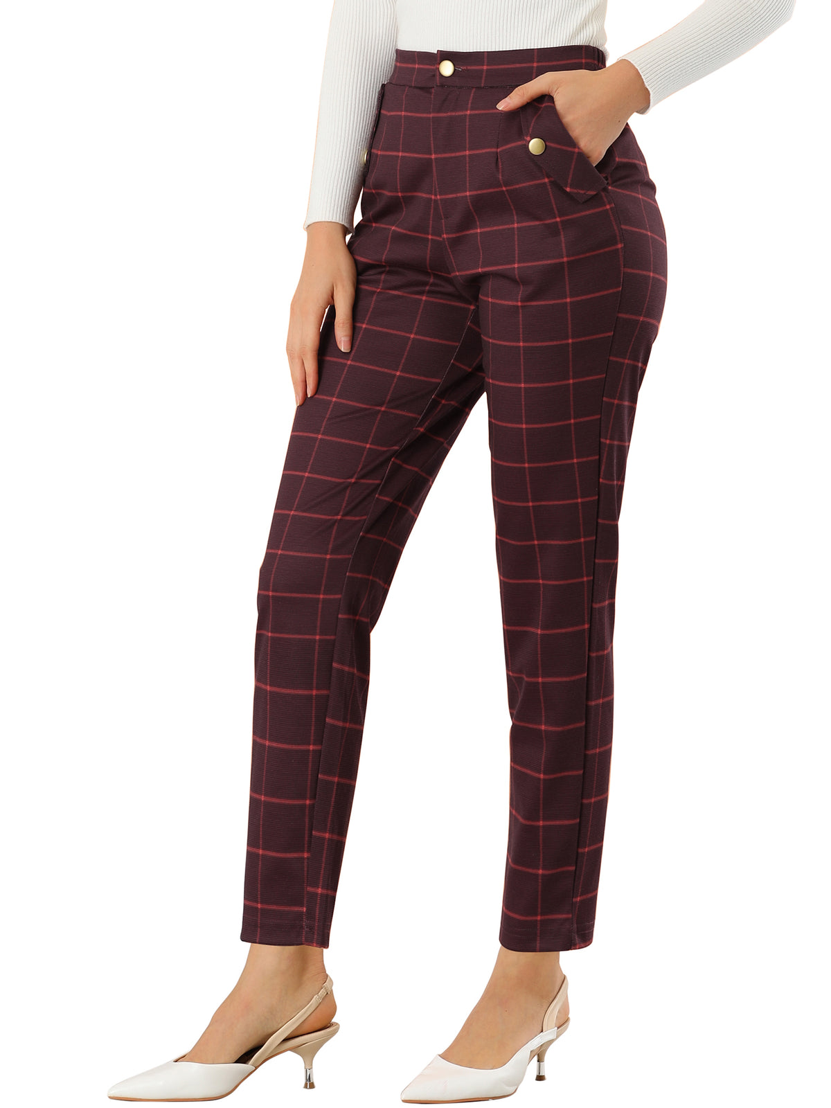 Women's Retro Tartan Plaid Pants Elastic Waist Straight Long Trousers (Available in Plus Size)