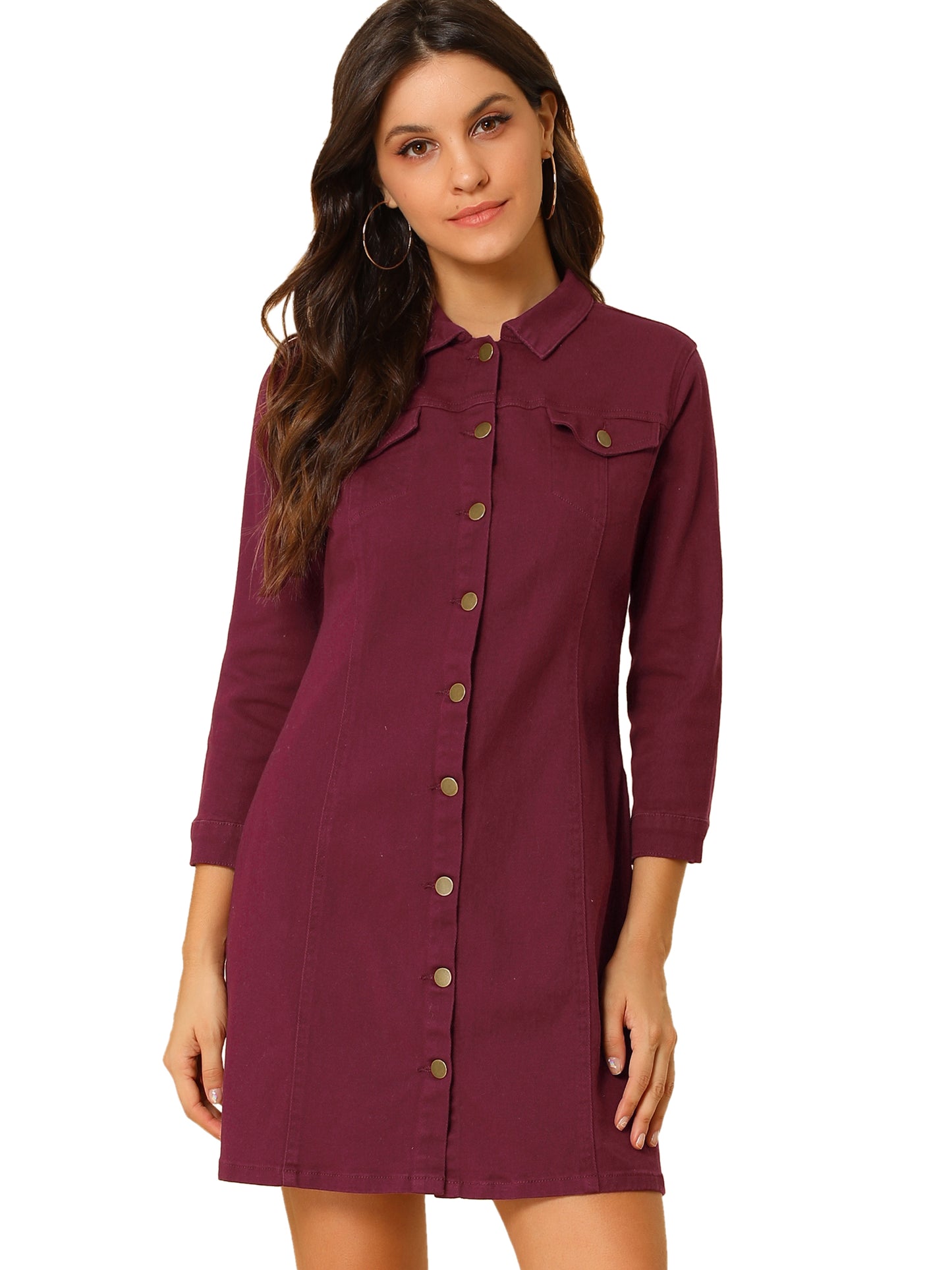 Women's 3/4 Sleeve Button Down Denim Shirt Dress