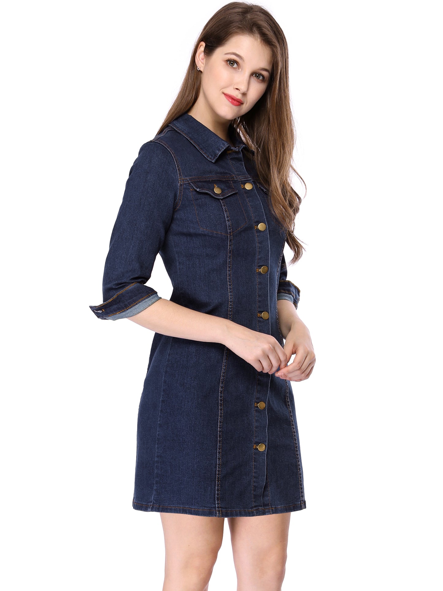 Women's 3/4 Sleeve Button Down Denim Shirt Dress