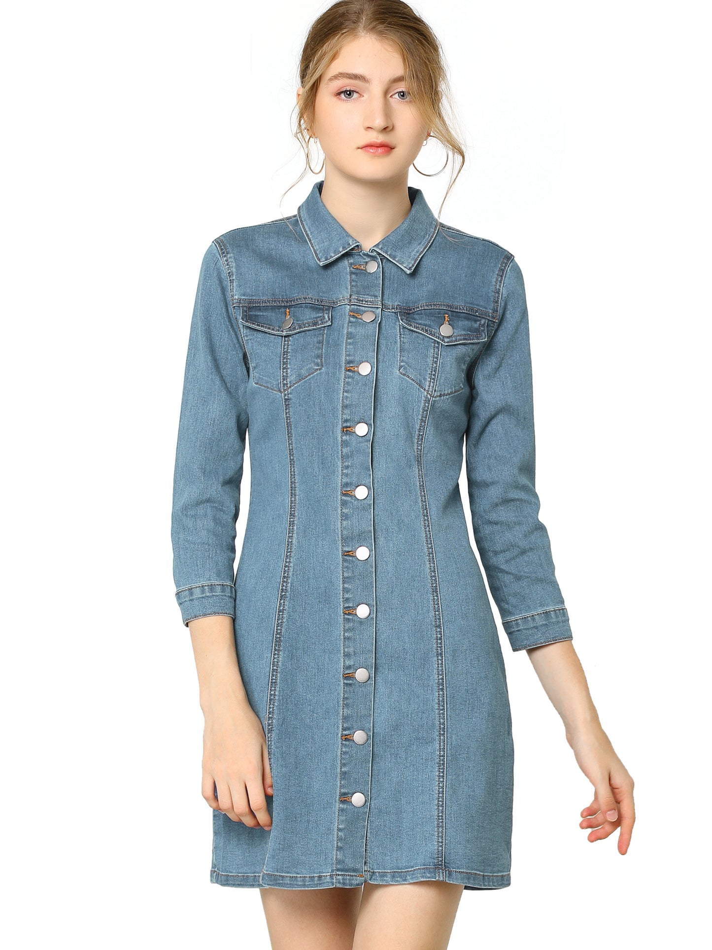 Women's 3/4 Sleeve Button Down Denim Shirt Dress