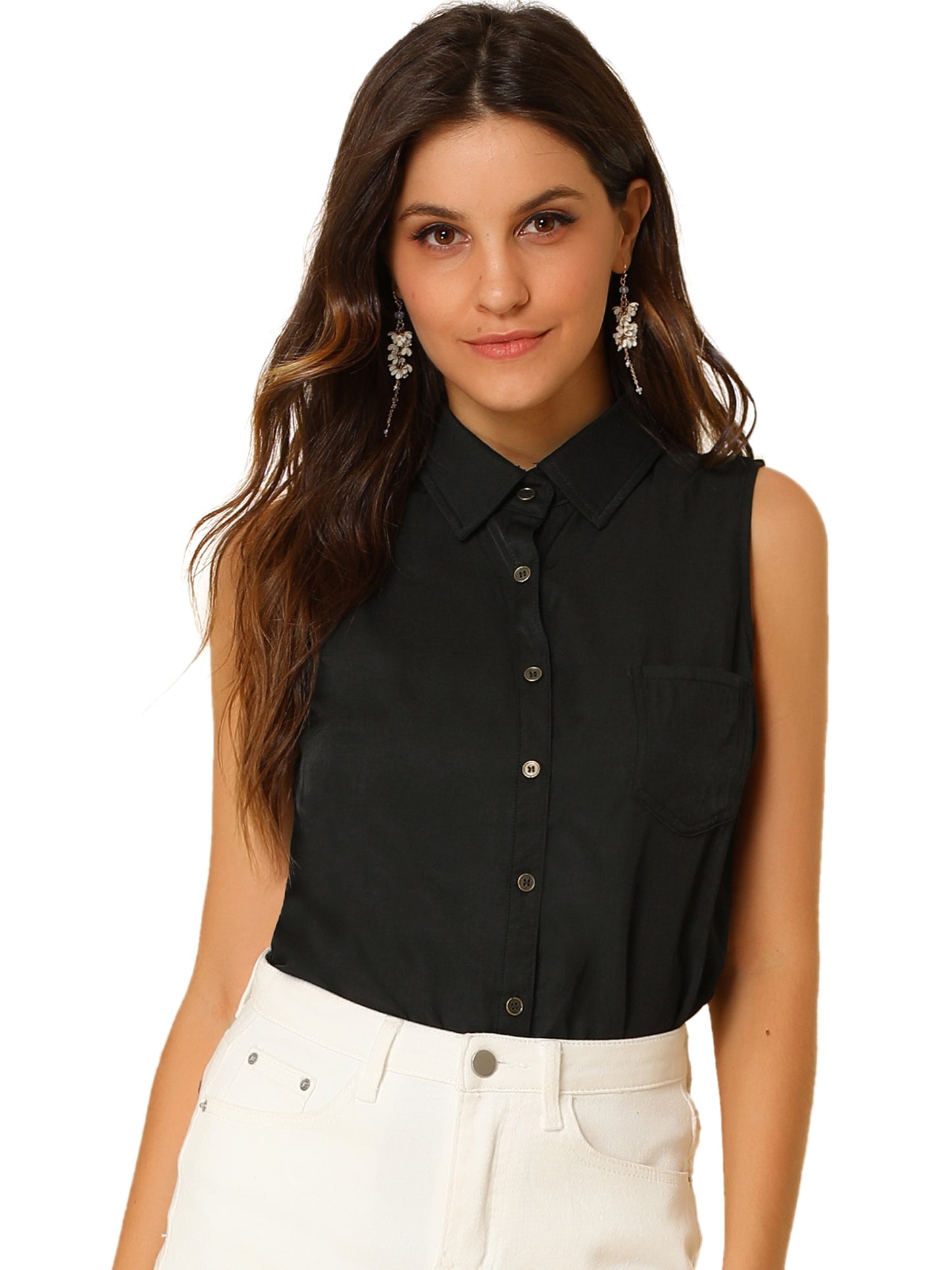 Women Single Breasted Point Collar Sleeveless Shirt (Available in Plus Size)