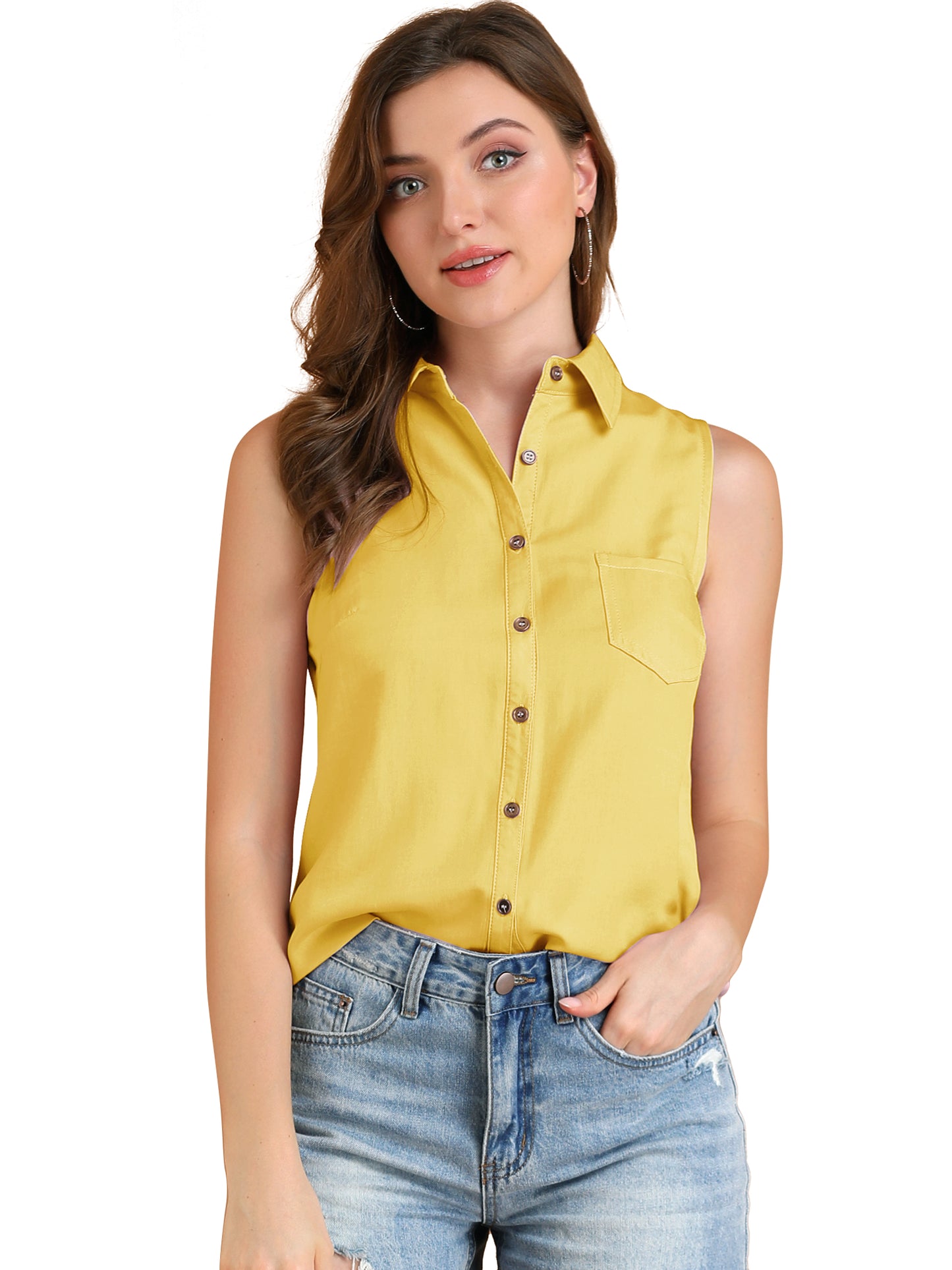 Women Single Breasted Point Collar Sleeveless Shirt (Available in Plus Size)