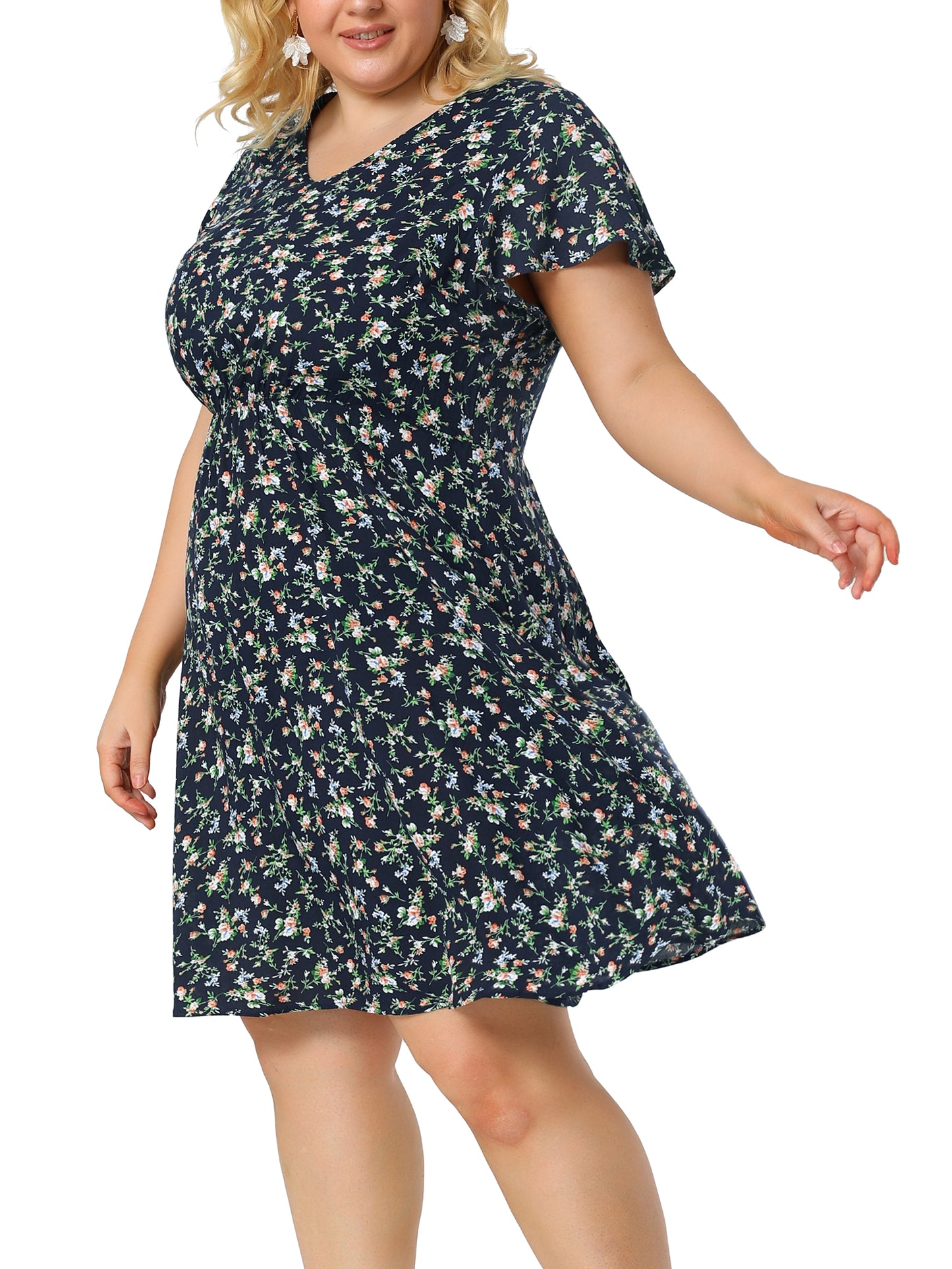Women Plus Size Summer V Neck Flare Sleeve Sundress Peplum Midi Ruffle Dress