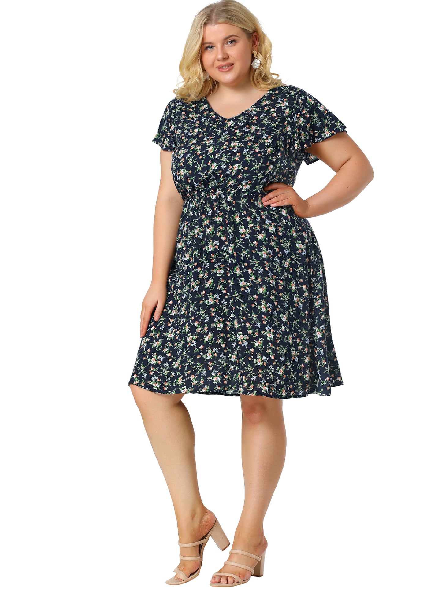 Women Plus Size Summer V Neck Flare Sleeve Sundress Peplum Midi Ruffle Dress