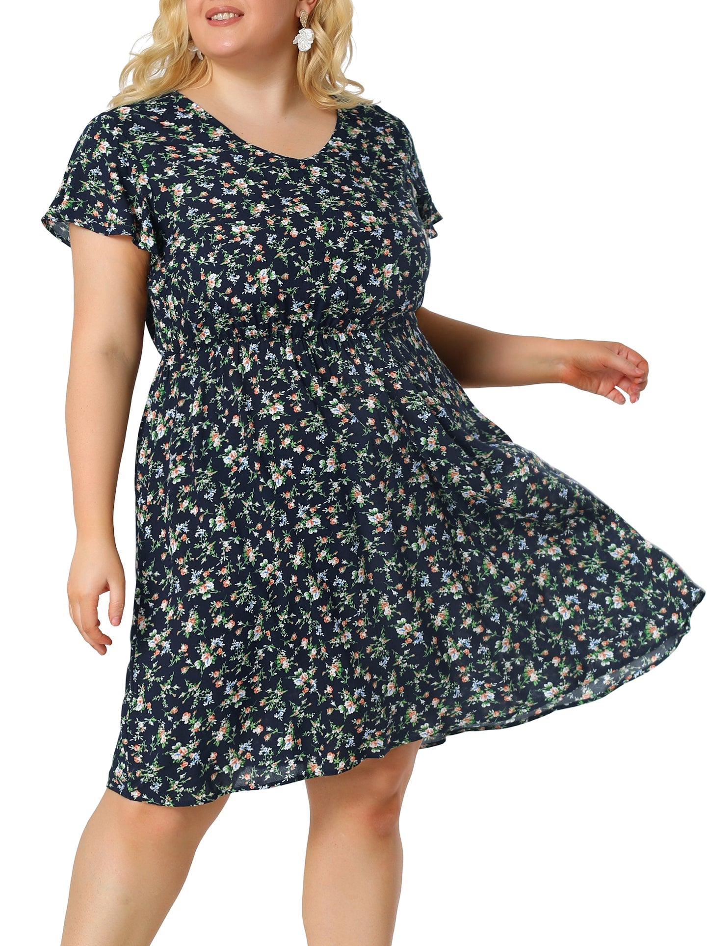 Women Plus Size Summer V Neck Flare Sleeve Sundress Peplum Midi Ruffle Dress