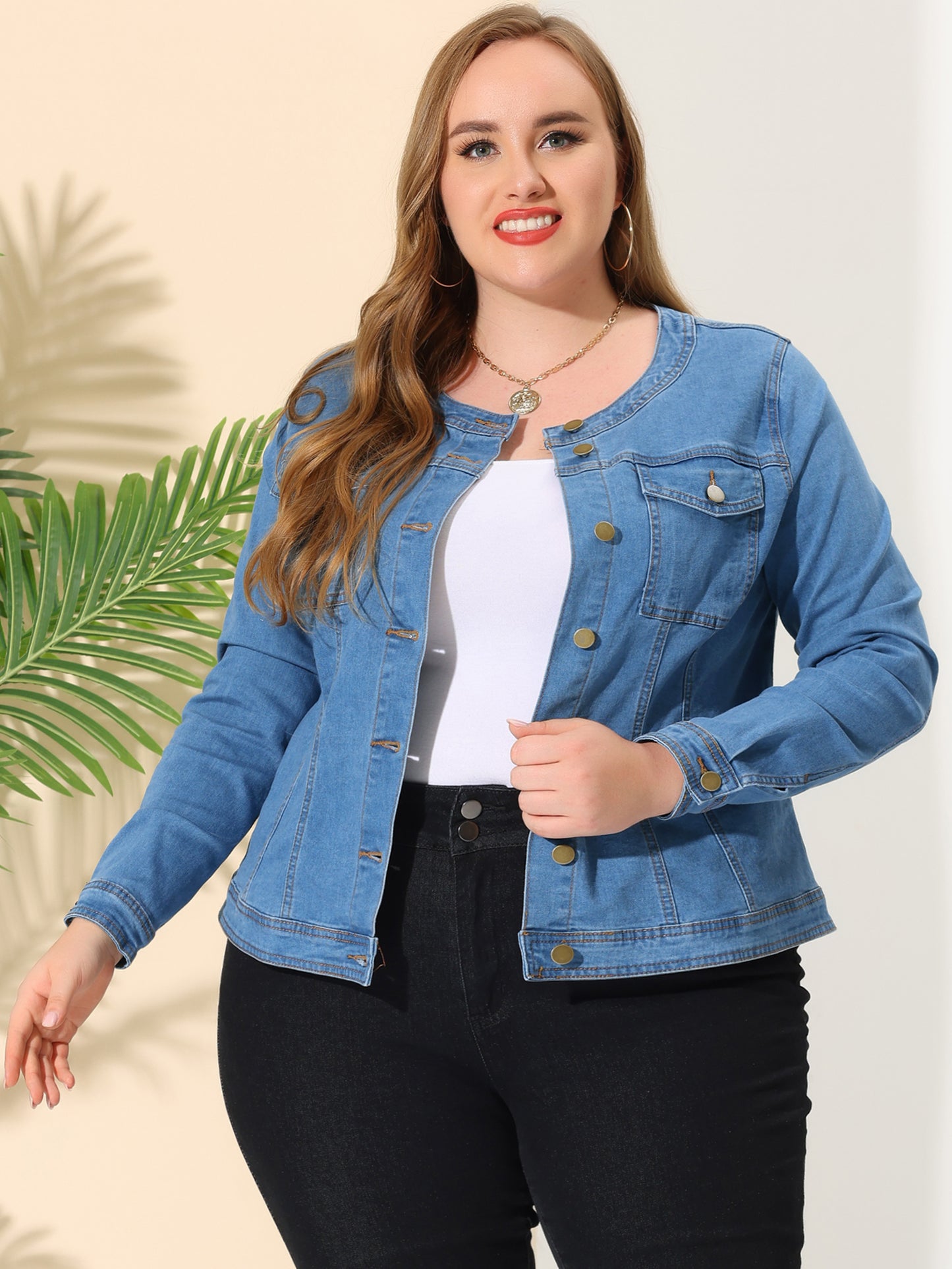 Women Plus Size Collarless Long Sleeve Button Down Jean Denim Jacket