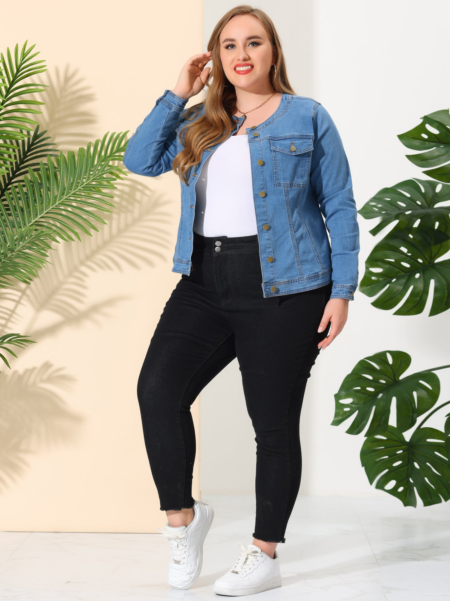 Women Plus Size Collarless Long Sleeve Button Down Jean Denim Jacket