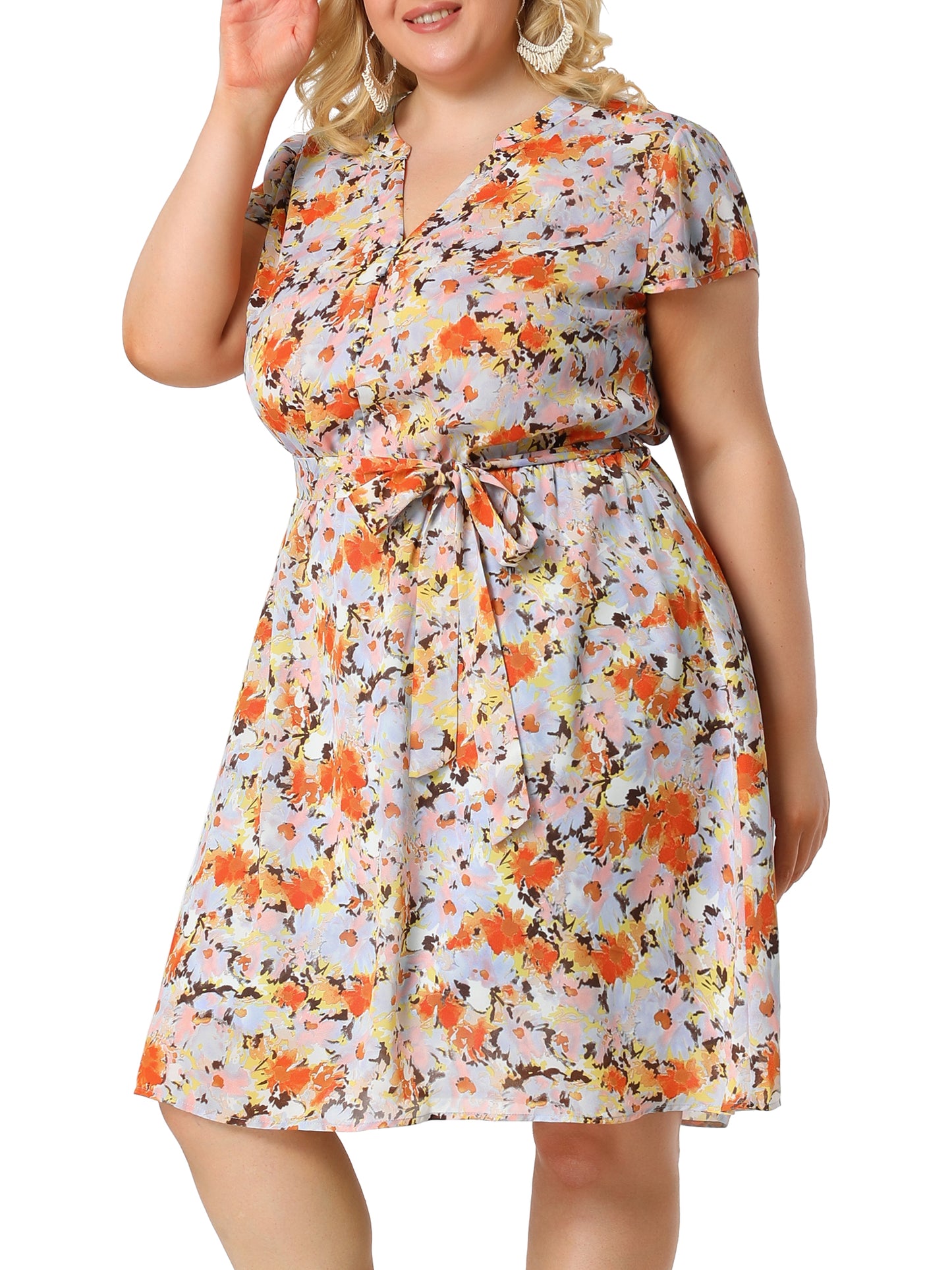 Women's Plus Size V Neck Belted Summer Floral Dresses