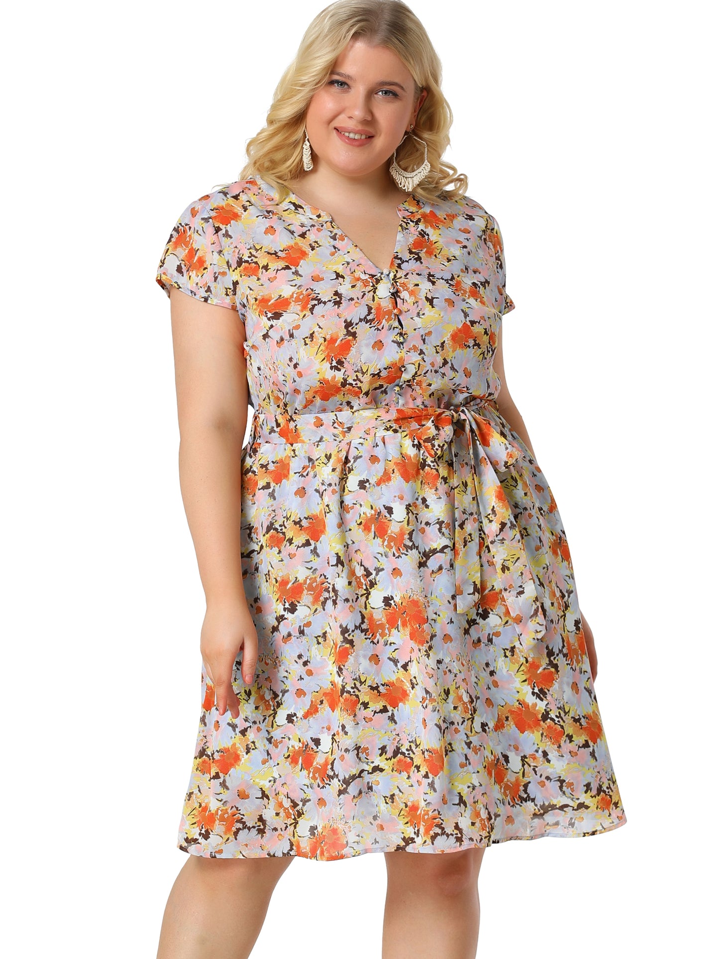 Women's Plus Size V Neck Belted Summer Floral Dresses
