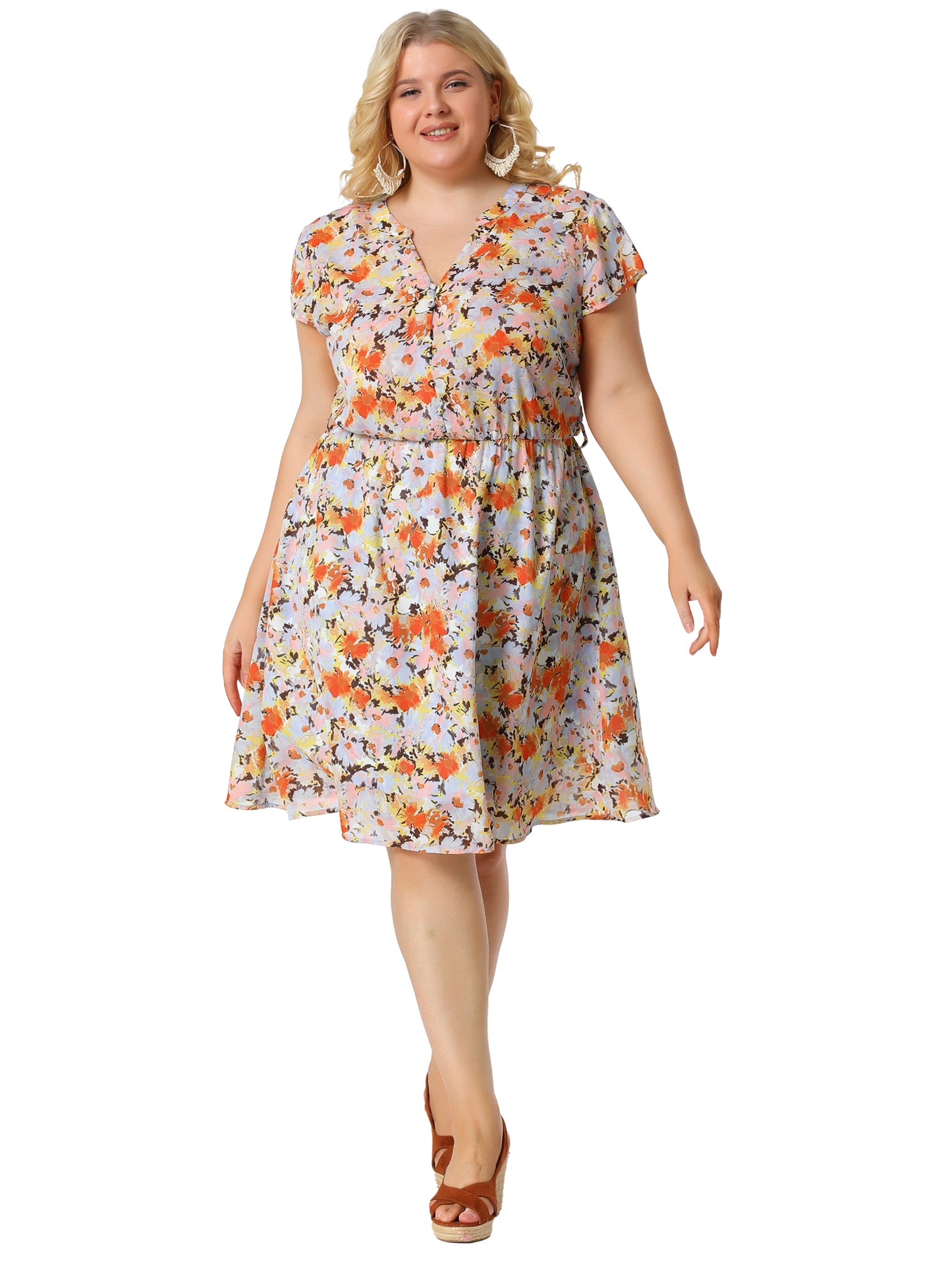 Women's Plus Size V Neck Belted Summer Floral Dresses