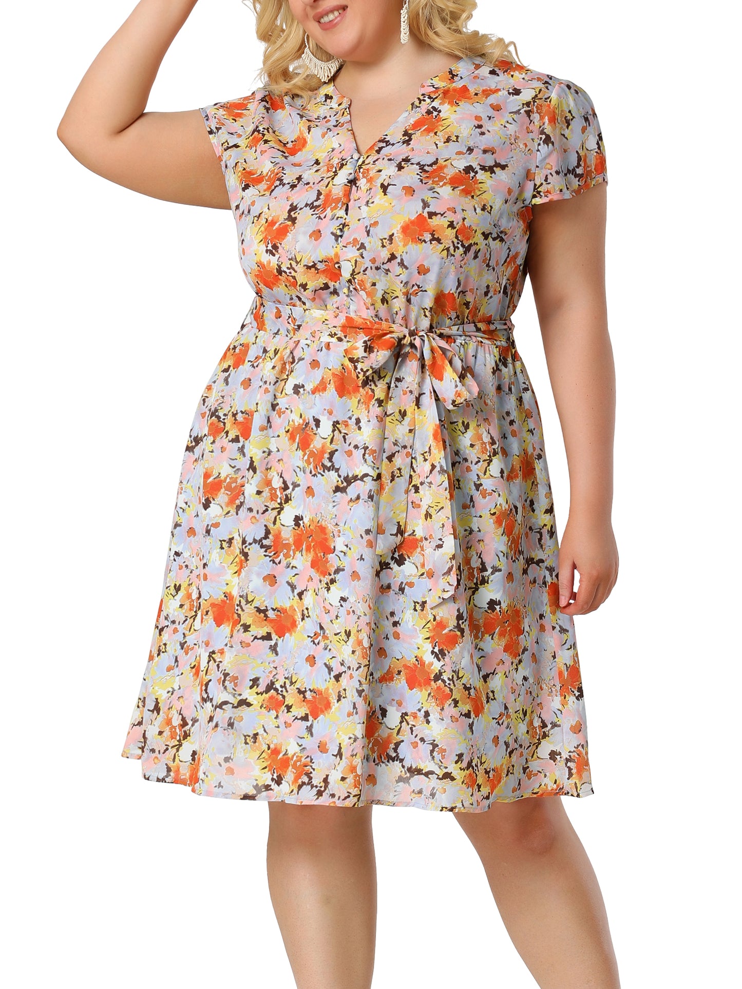 Women's Plus Size V Neck Belted Summer Floral Dresses