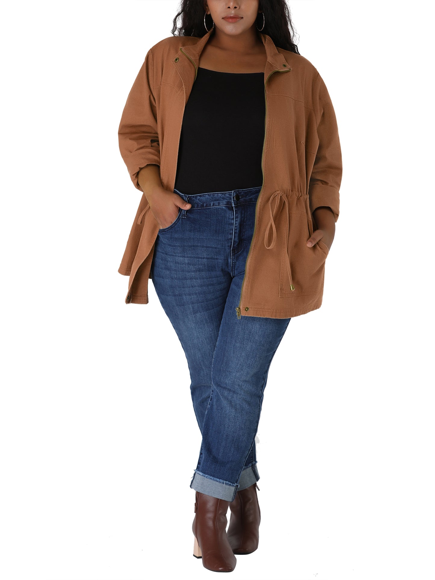 Women's Plus Size Jackets Lightweight Anorak Drawstring Utility Jacket with Pockets