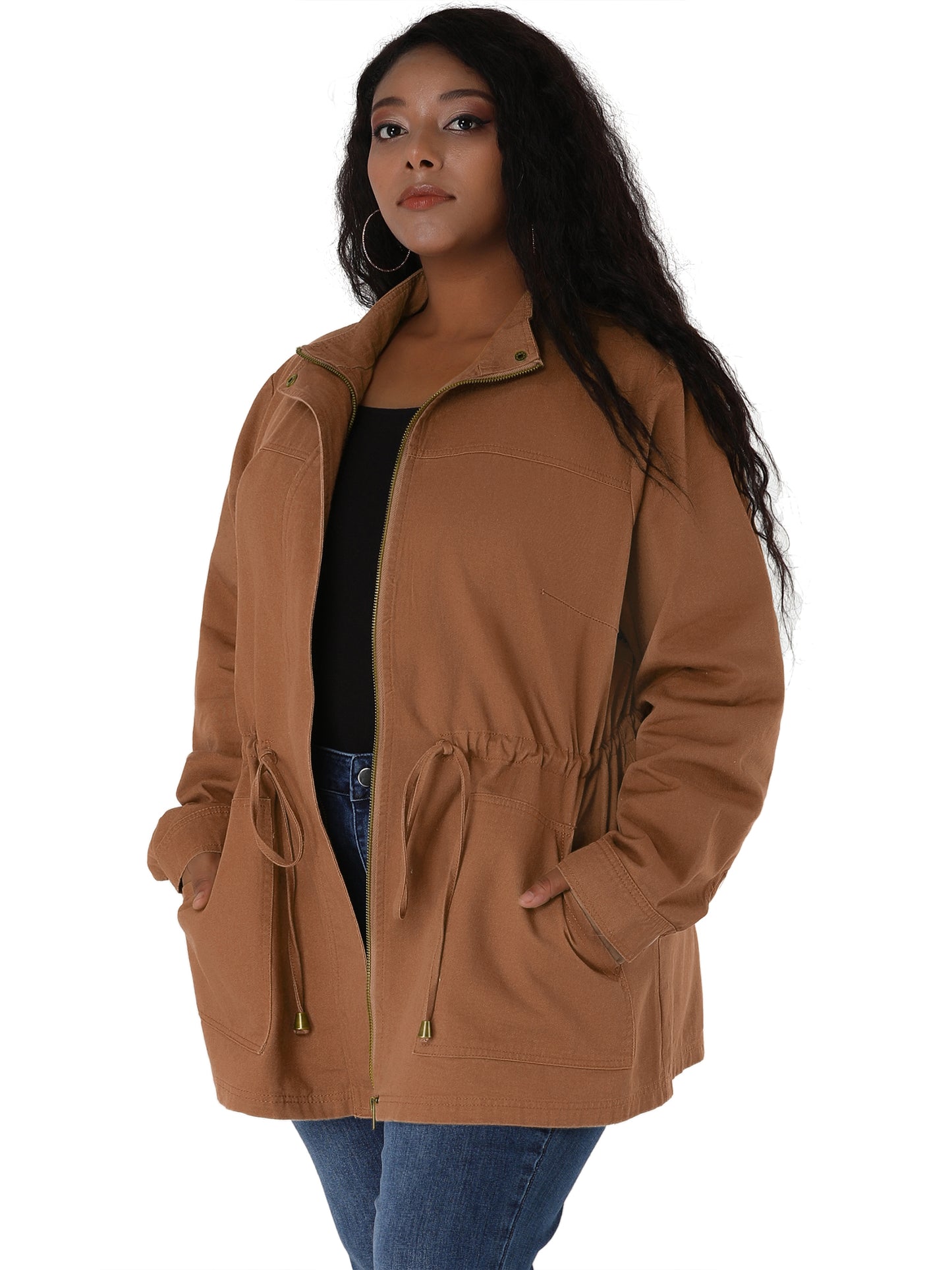 Women's Plus Size Jackets Lightweight Anorak Drawstring Utility Jacket with Pockets