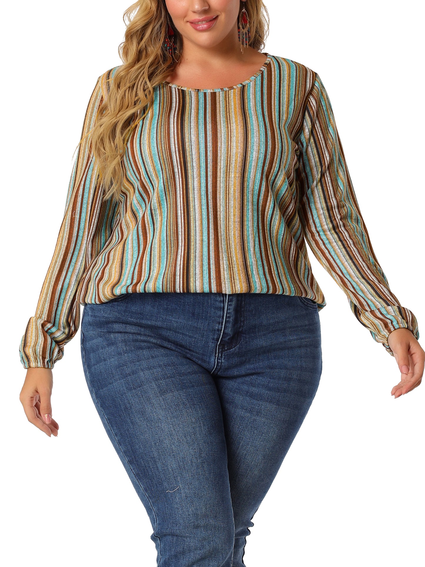 Women Plus Size Boho Color Block Elastic Cuff Long Sleeve Striped Top