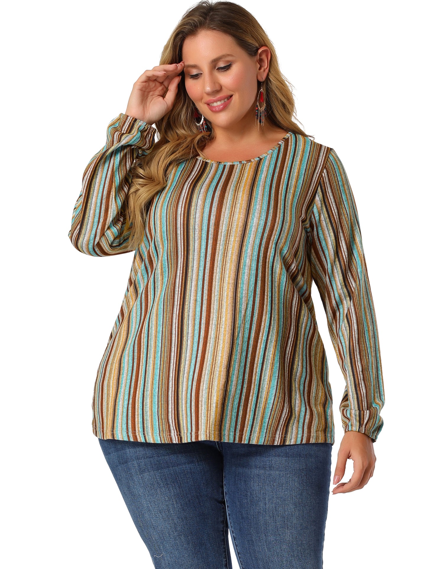 Women Plus Size Boho Color Block Elastic Cuff Long Sleeve Striped Top