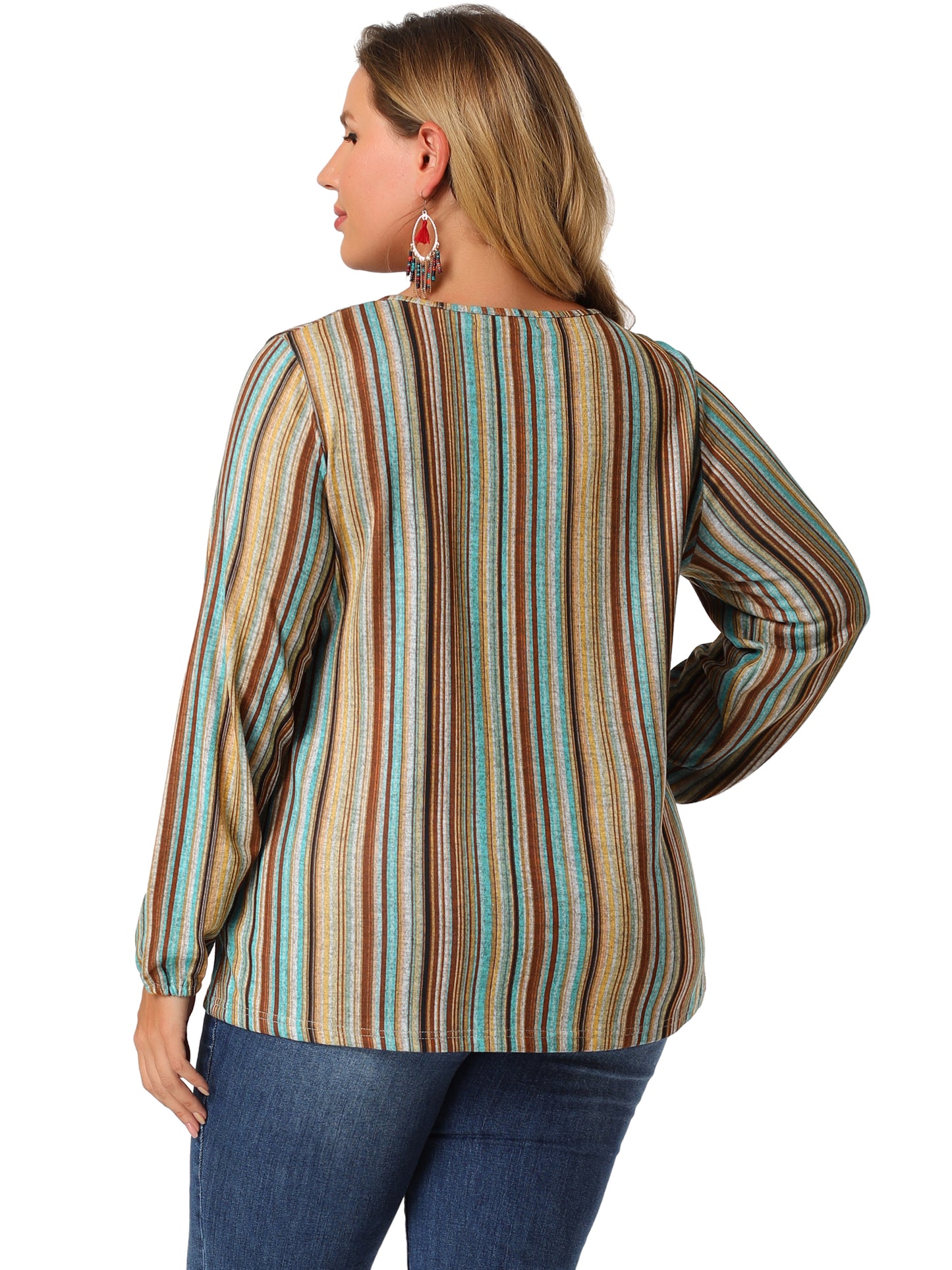 Women Plus Size Boho Color Block Elastic Cuff Long Sleeve Striped Top