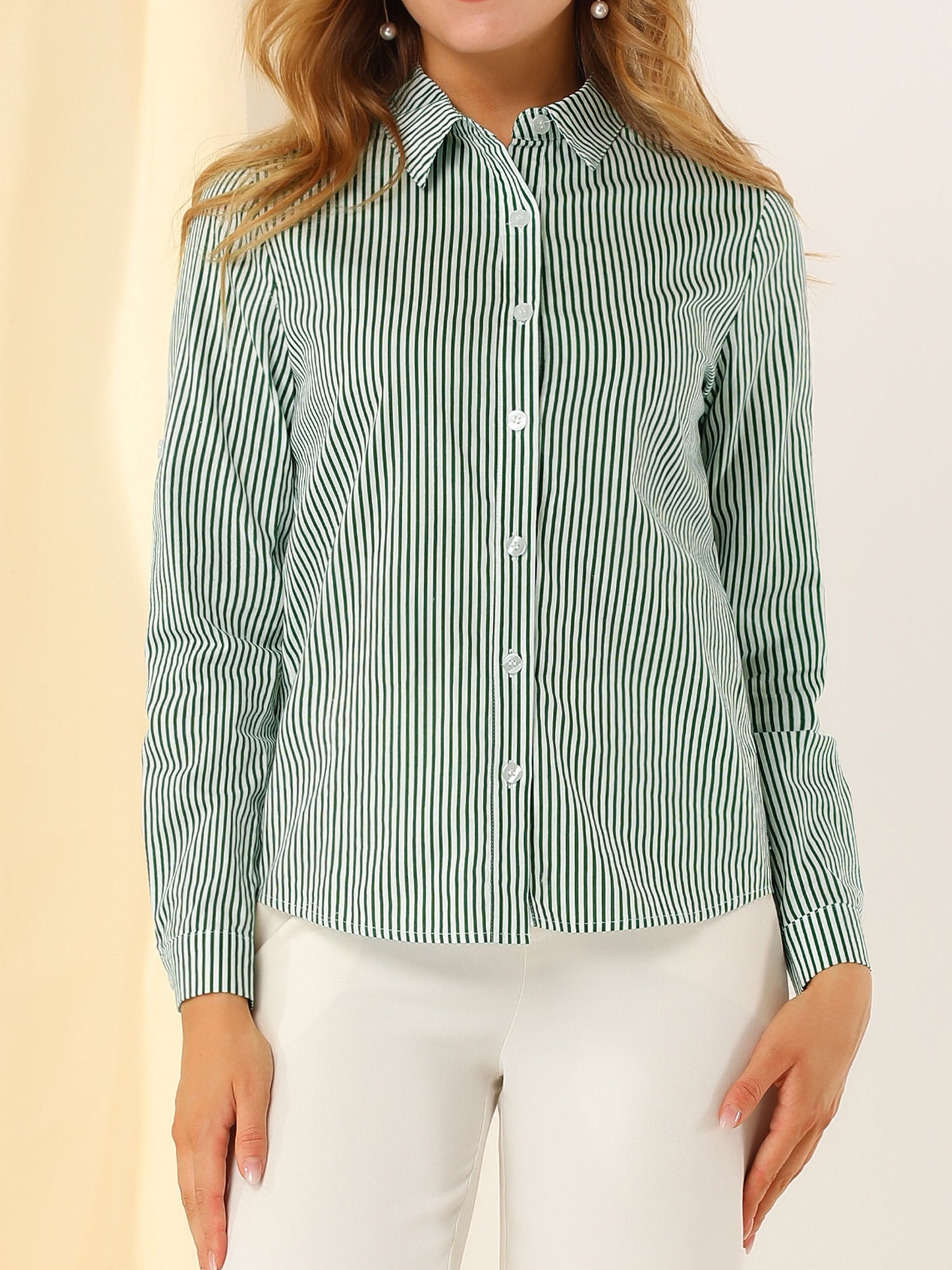 Women's Striped Button Down Roll-Up Long Sleeves Point Collar Shirt (Available in Plus Size)