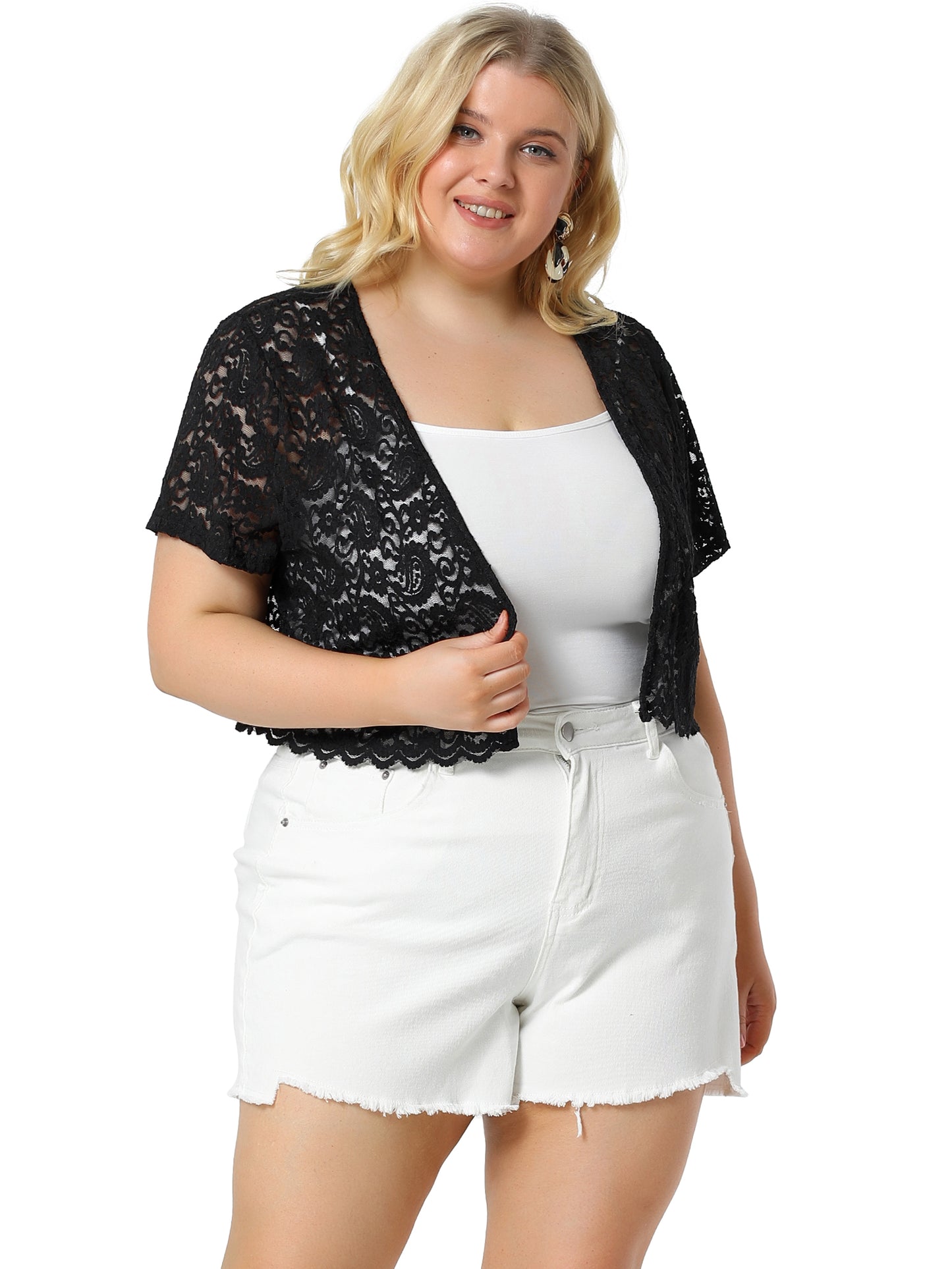 Women Plus Size Bolero Shrugs Open Front Short Sleeve Crochet Lace Cropped Cardigans