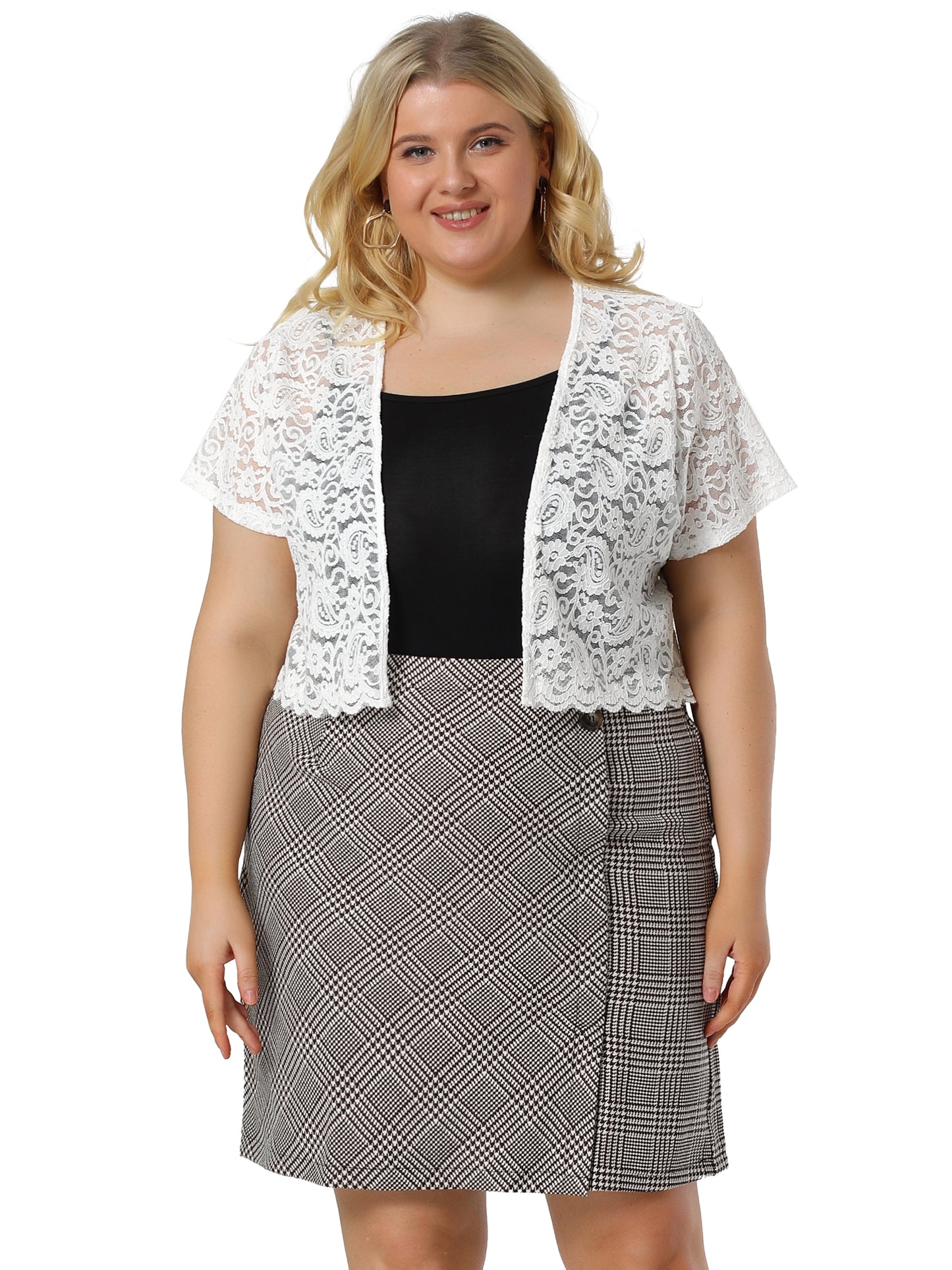 Women Plus Size Bolero Shrugs Open Front Short Sleeve Crochet Lace Cropped Cardigans