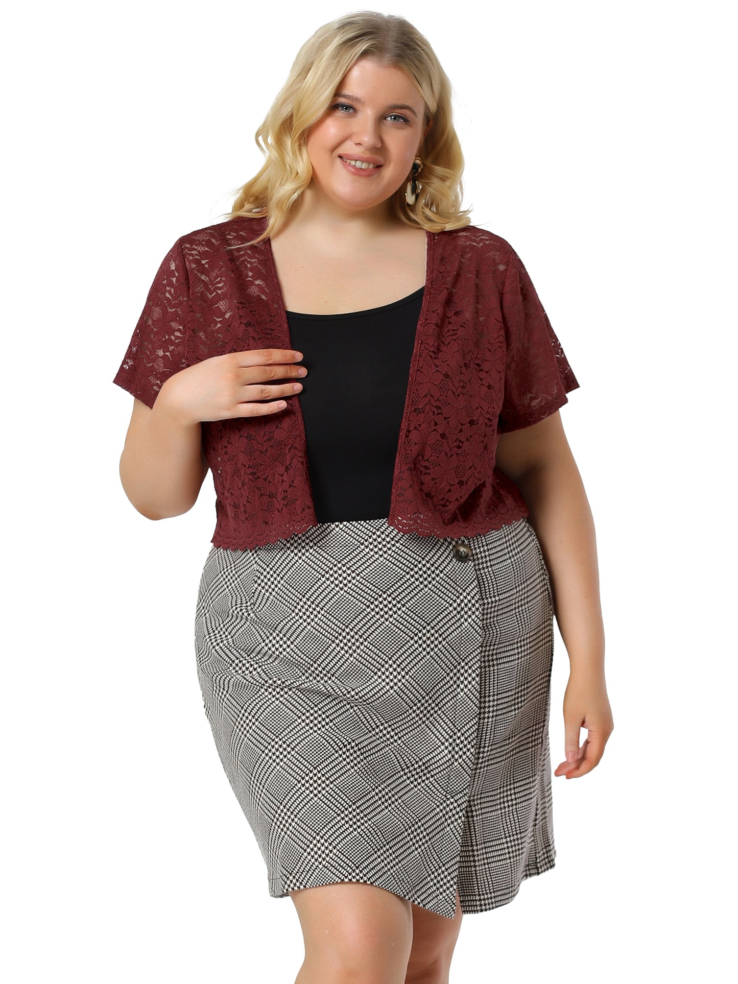 Women Plus Size Bolero Shrugs Open Front Short Sleeve Crochet Lace Cropped Cardigans