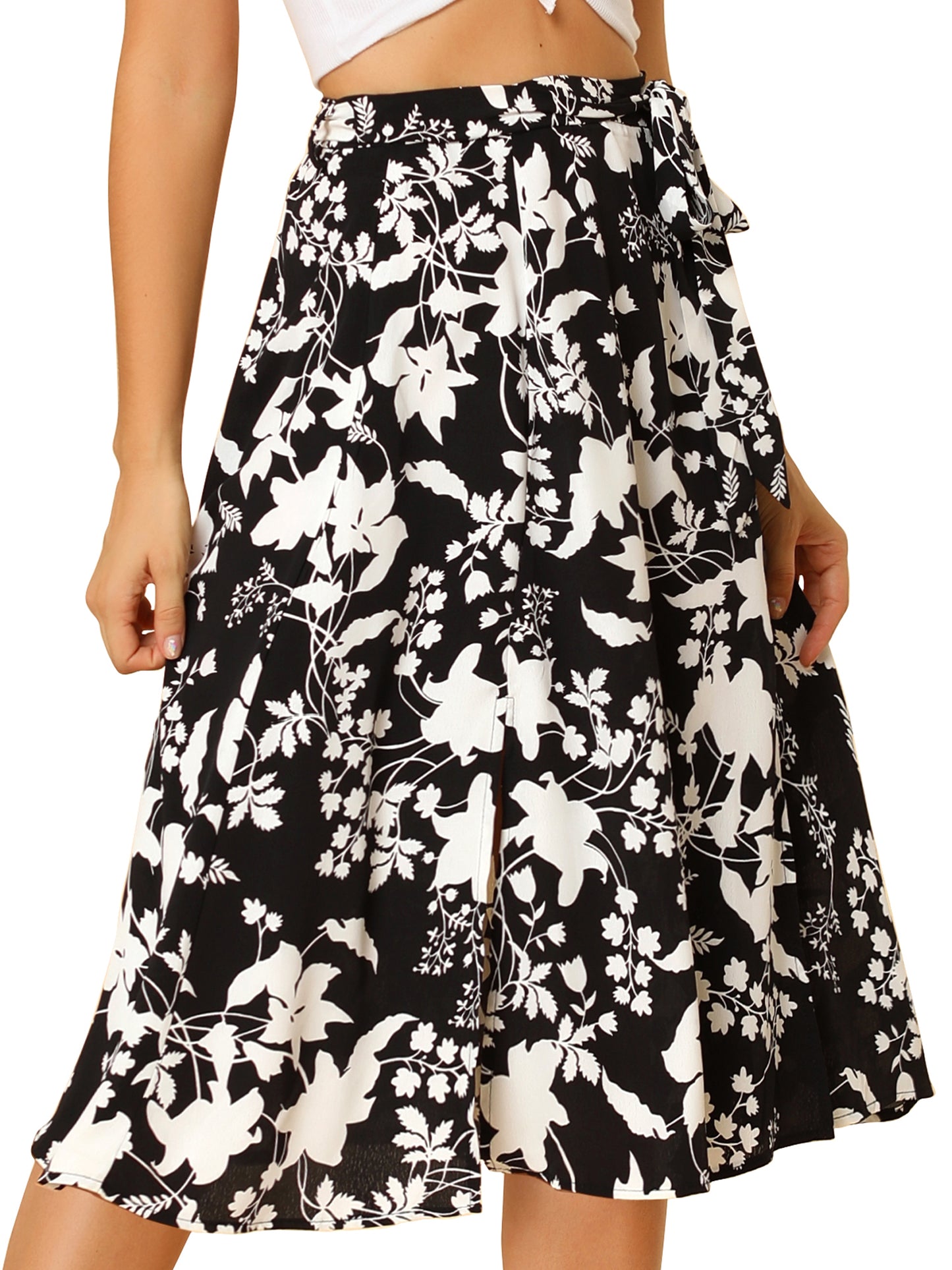 Women's Slits Front High Waist A-Line Belted Floral Flowy Midi Skirt