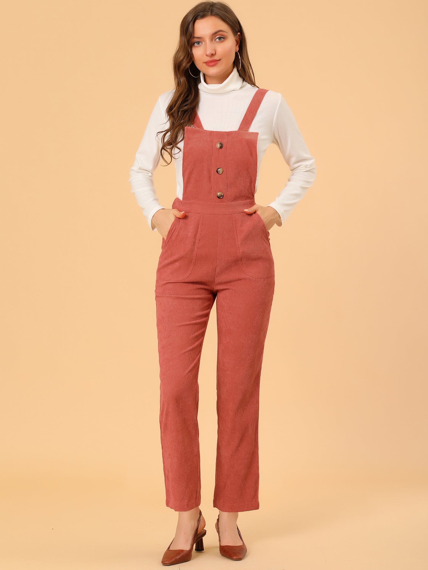 Women's Casual Elastic Back Corduroy Overalls Strap Pants