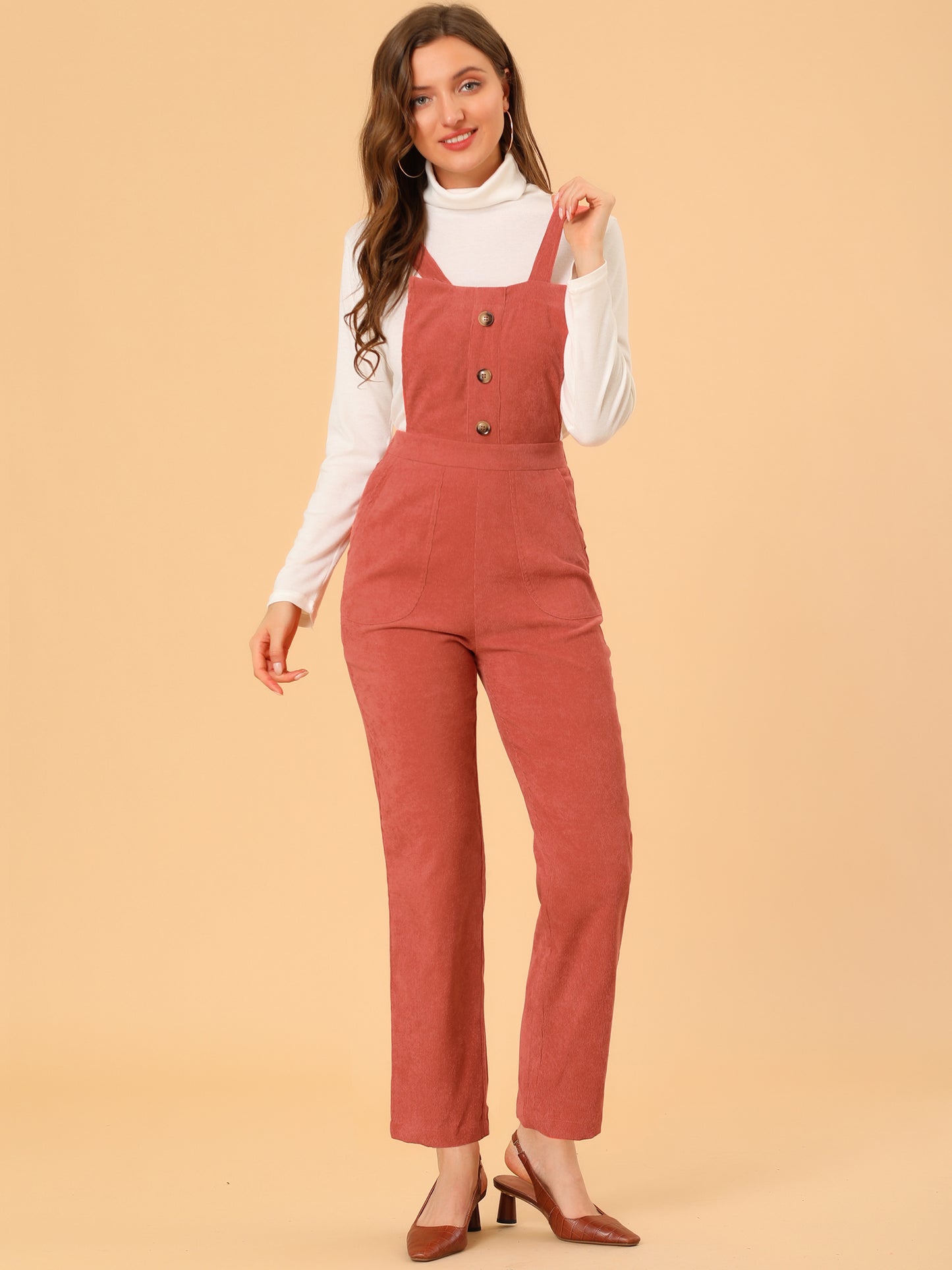 Women's Casual Elastic Back Corduroy Overalls Strap Pants