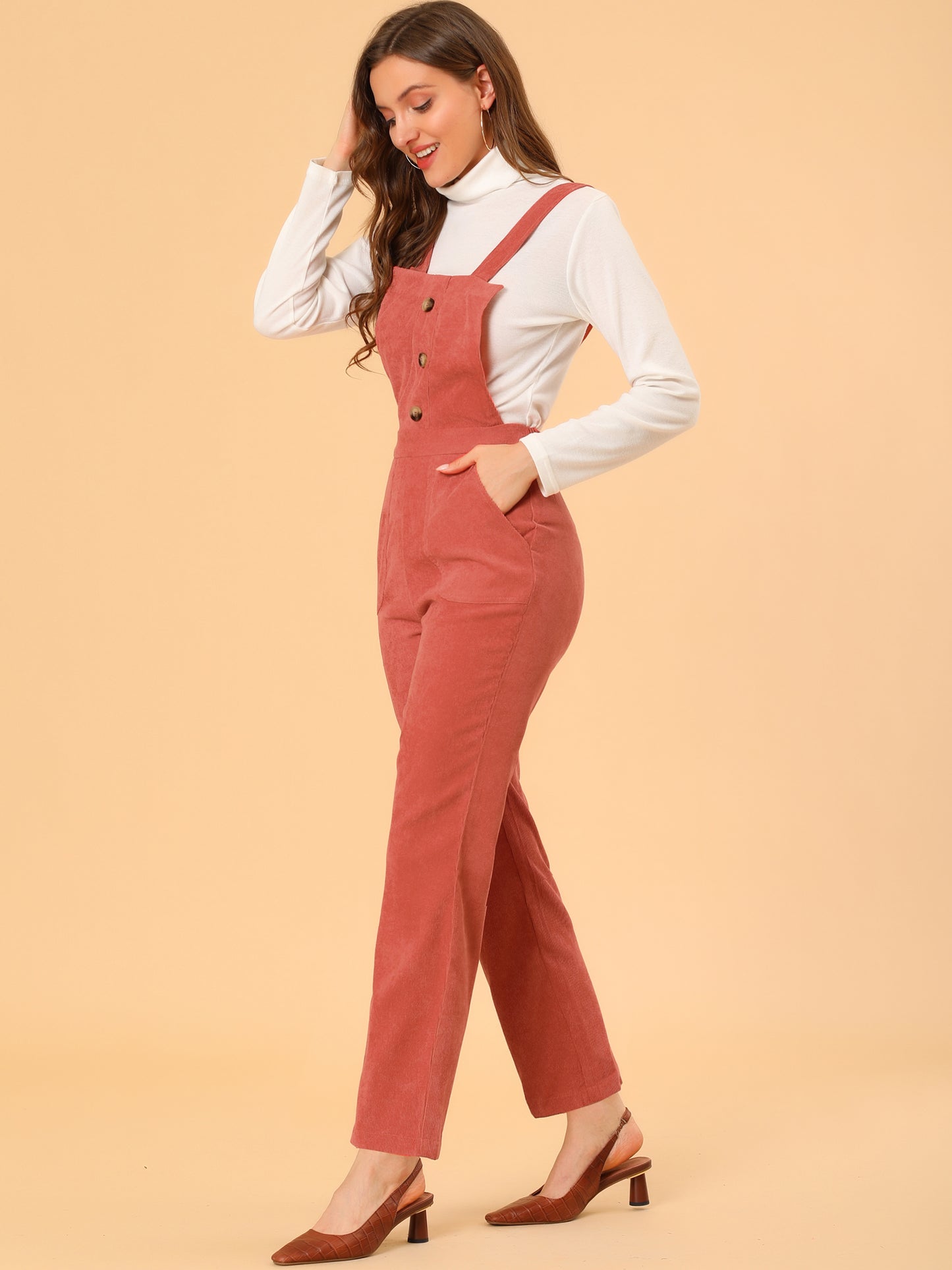 Women's Casual Elastic Back Corduroy Overalls Strap Pants